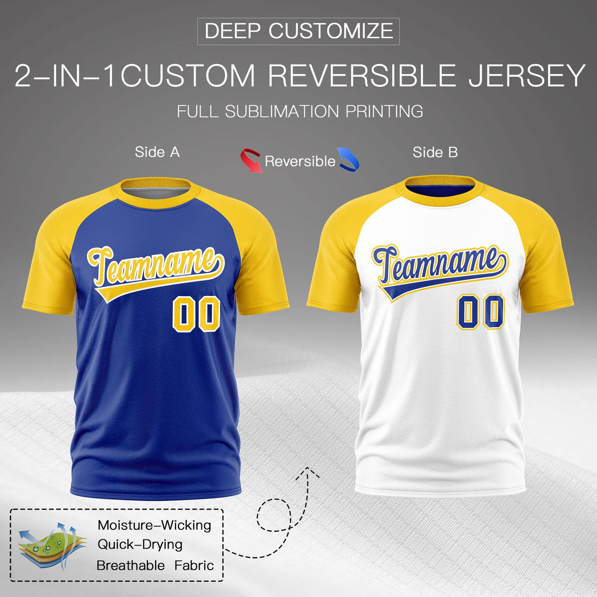 Custom Royal Blue Gold White Reversible Raglan Sleeves Quick Dry T-shirt| KXKSHOP