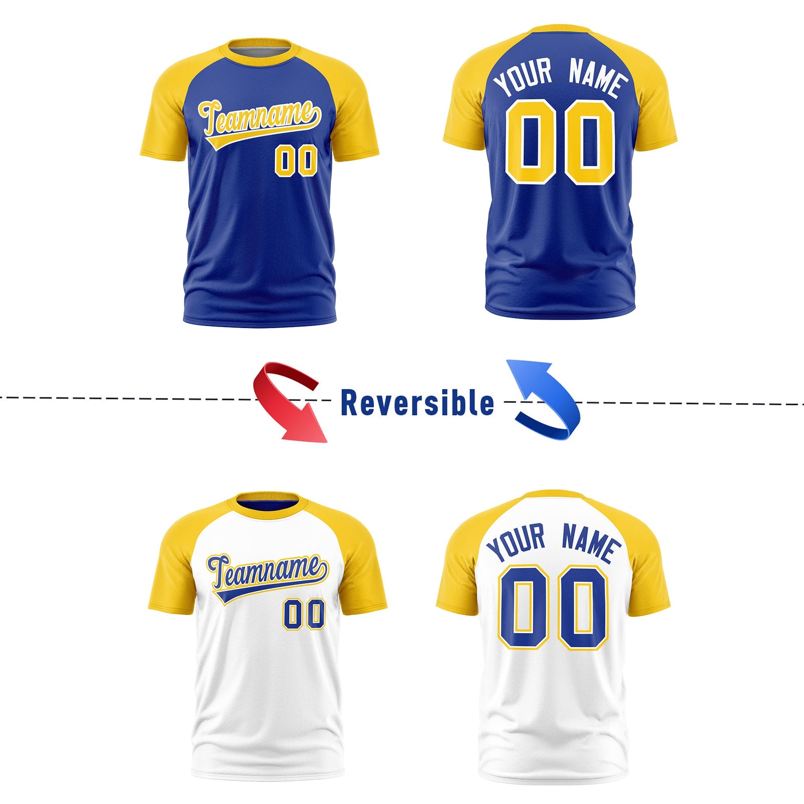 Custom Royal Blue Gold White Reversible Raglan Sleeves Quick Dry T-shirt| KXKSHOP