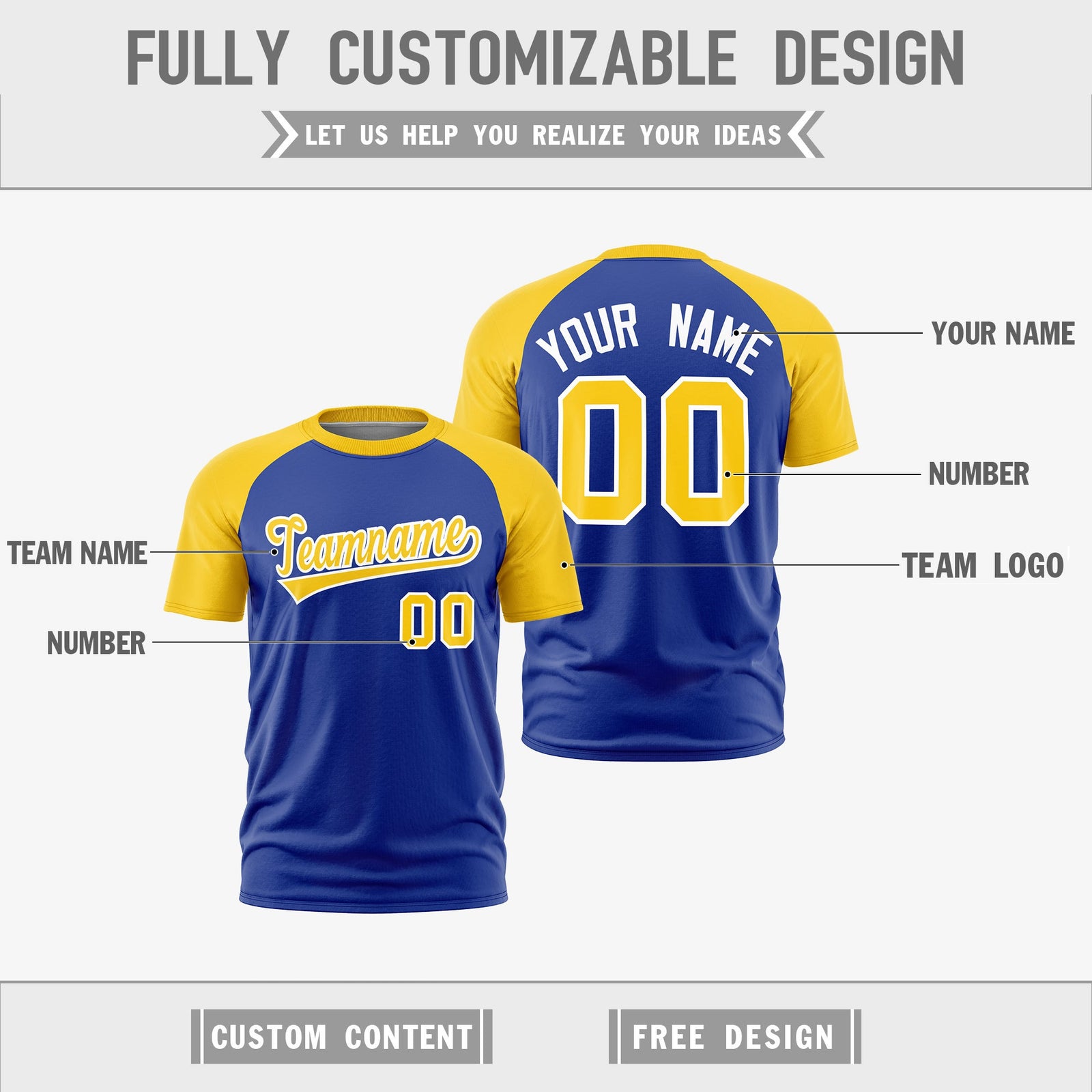 Custom Royal Blue Gold White Reversible Raglan Sleeves Quick Dry T-shirt| KXKSHOP