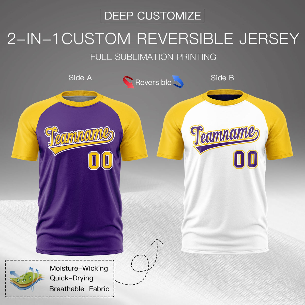 Custom Purple Gold White Reversible Raglan Sleeves Quick Dry T-shirt| KXKSHOP
