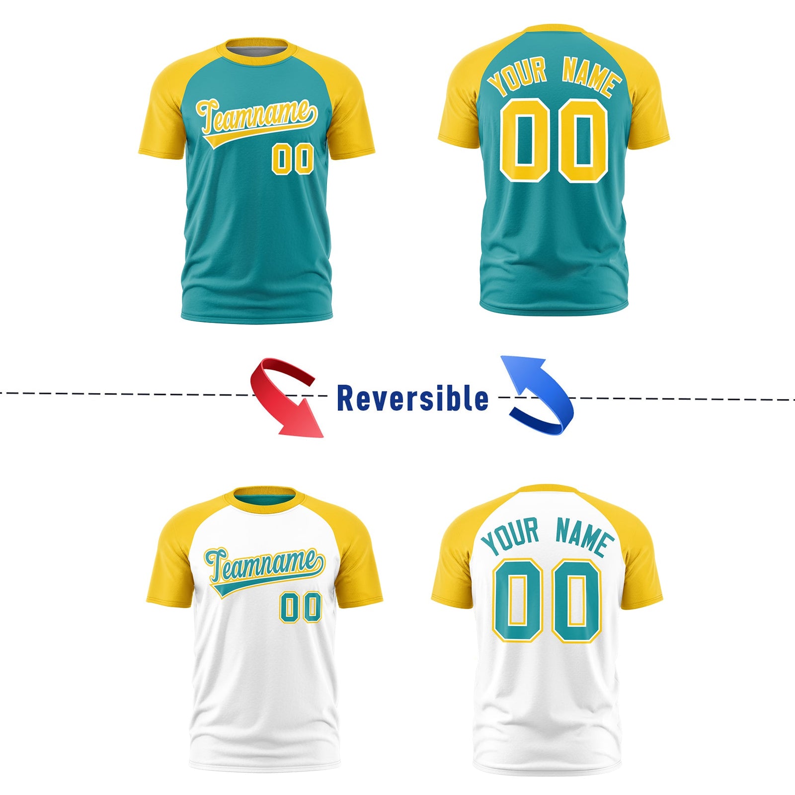 Custom Aqua Gold White Reversible Raglan Sleeves Moisture-Wicking T-shirt| KXKSHOP