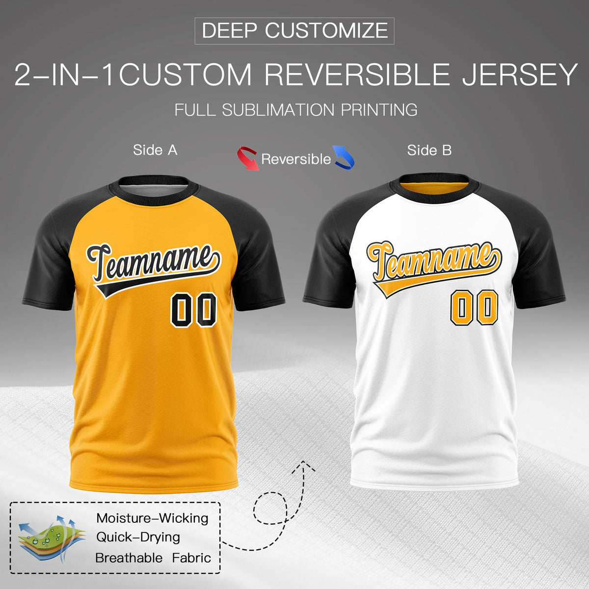 Custom Yellow Black White Reversible Raglan Sleeves Quick Dry T-shirt| KXKSHOP