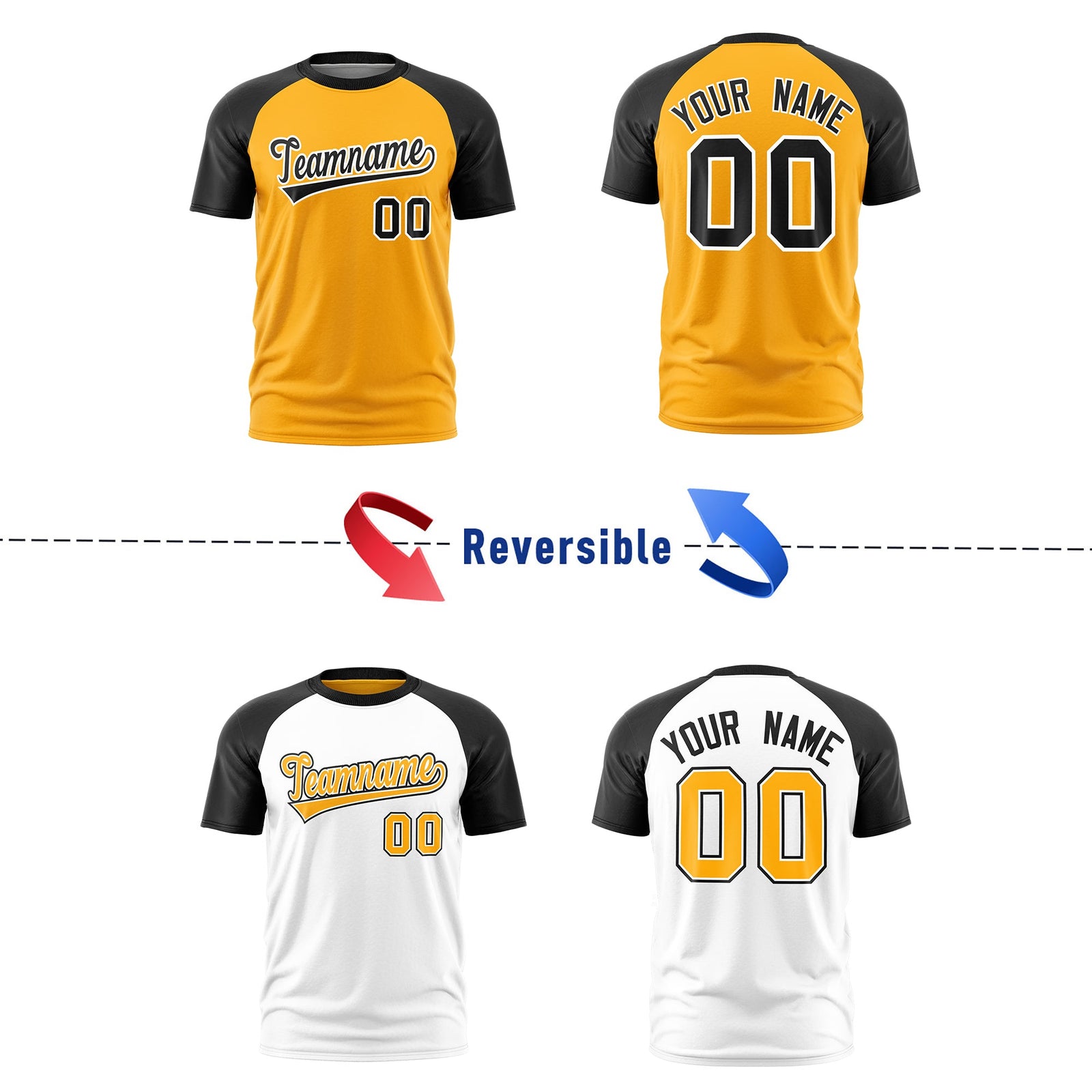 Custom Yellow Black White Reversible Raglan Sleeves Quick Dry T-shirt| KXKSHOP