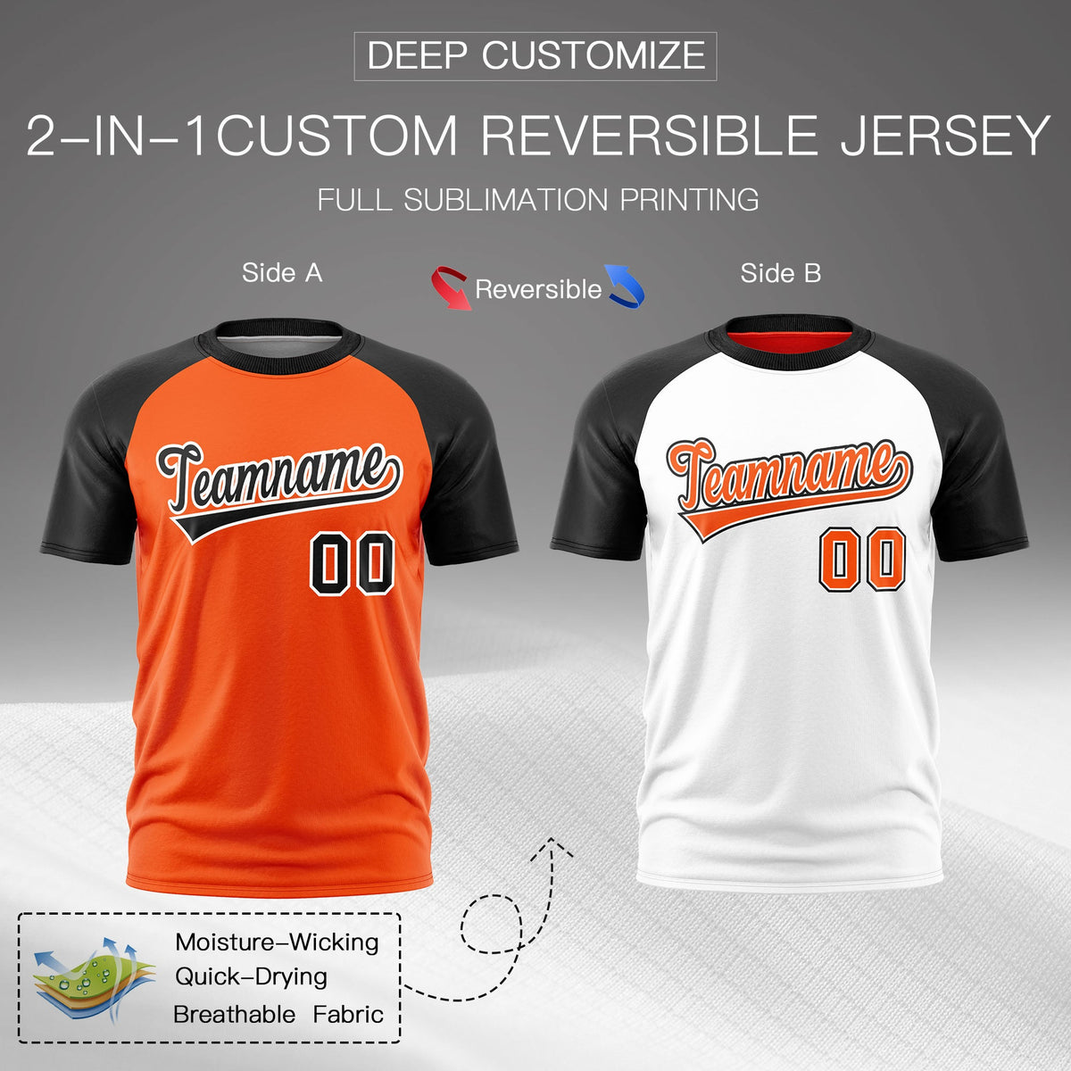 Custom Orange Black White Reversible Raglan Sleeves Moisture-Wicking T-shirt| KXKSHOP