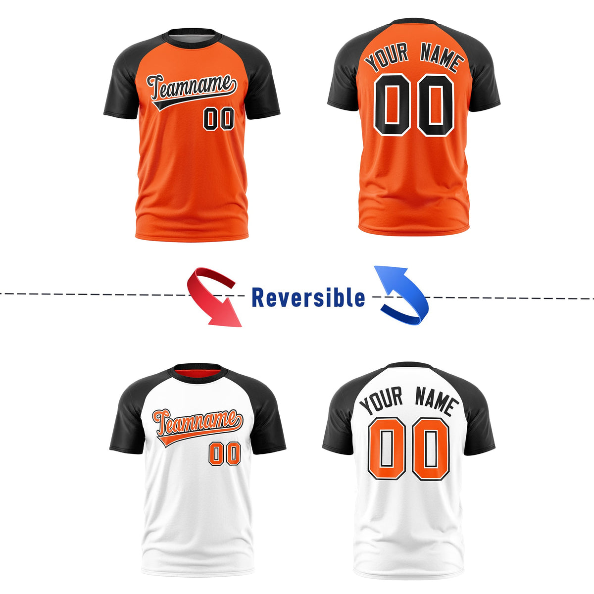Custom Orange Black White Reversible Raglan Sleeves Moisture-Wicking T-shirt| KXKSHOP