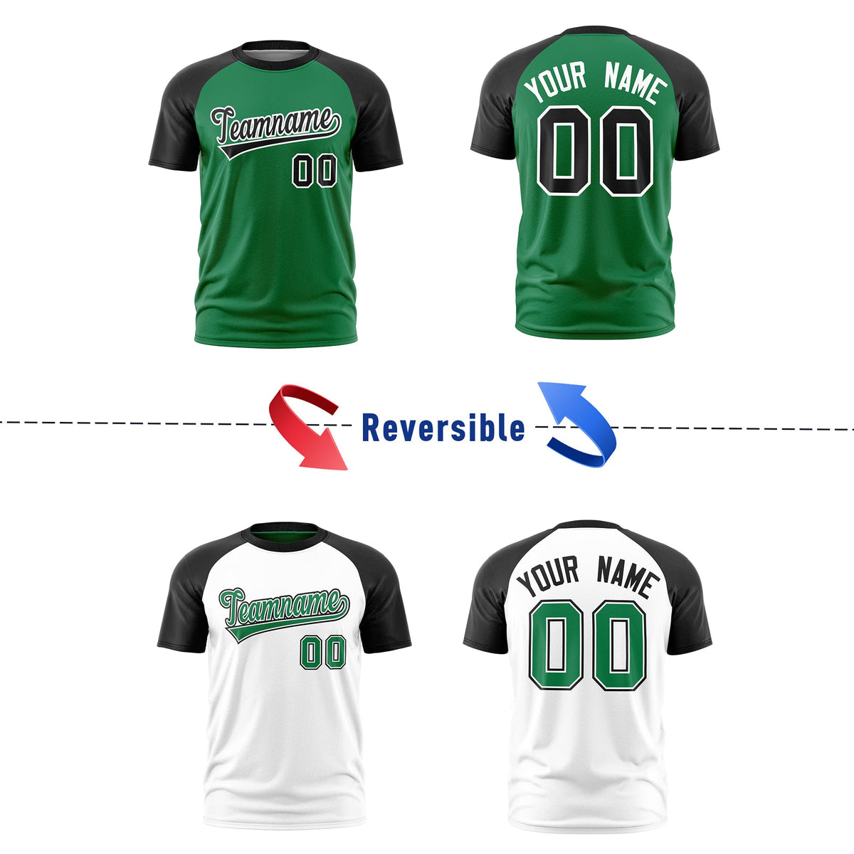Custom Kelly Green Black White Reversible Raglan Sleeves Quick Dry T-shirt| KXKSHOP
