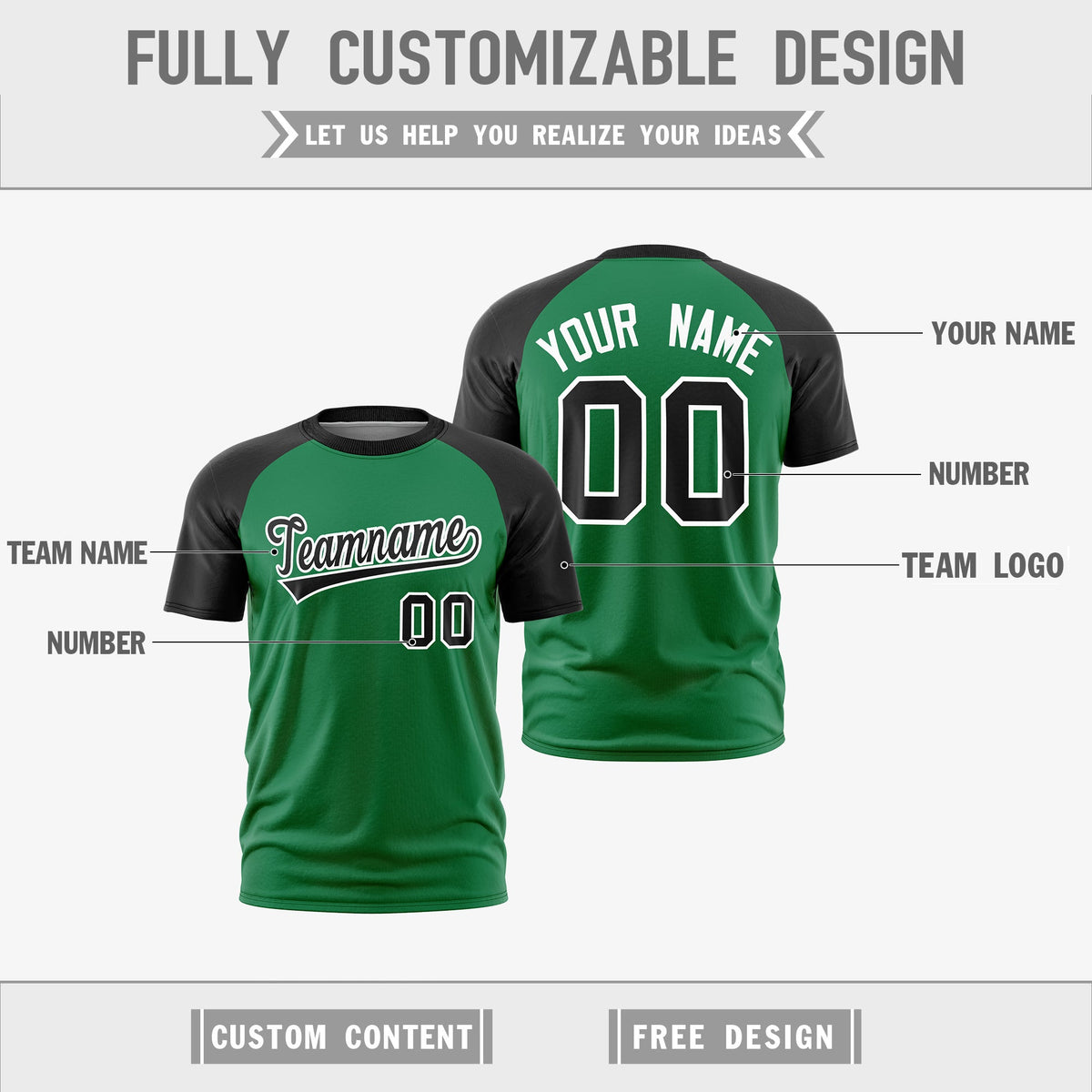 Custom Kelly Green Black White Reversible Raglan Sleeves Quick Dry T-shirt| KXKSHOP