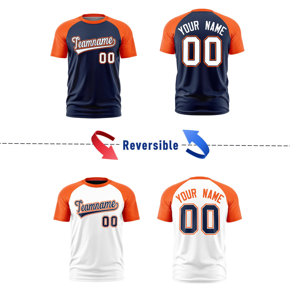 Custom Navy Orange White Reversible Raglan Sleeves Moisture-Wicking T-shirt| KXKSHOP