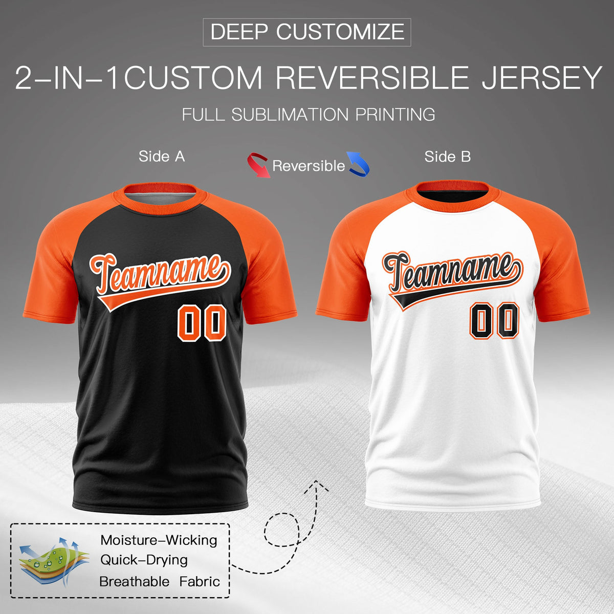Custom Black Orange White Reversible Raglan Sleeves Quick Dry T-shirt| KXKSHOP