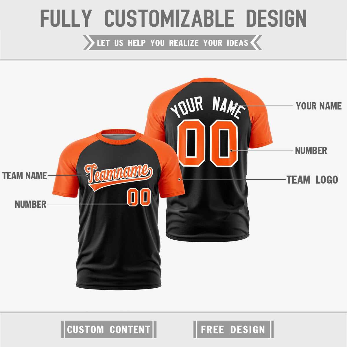 Custom Black Orange White Reversible Raglan Sleeves Quick Dry T-shirt| KXKSHOP
