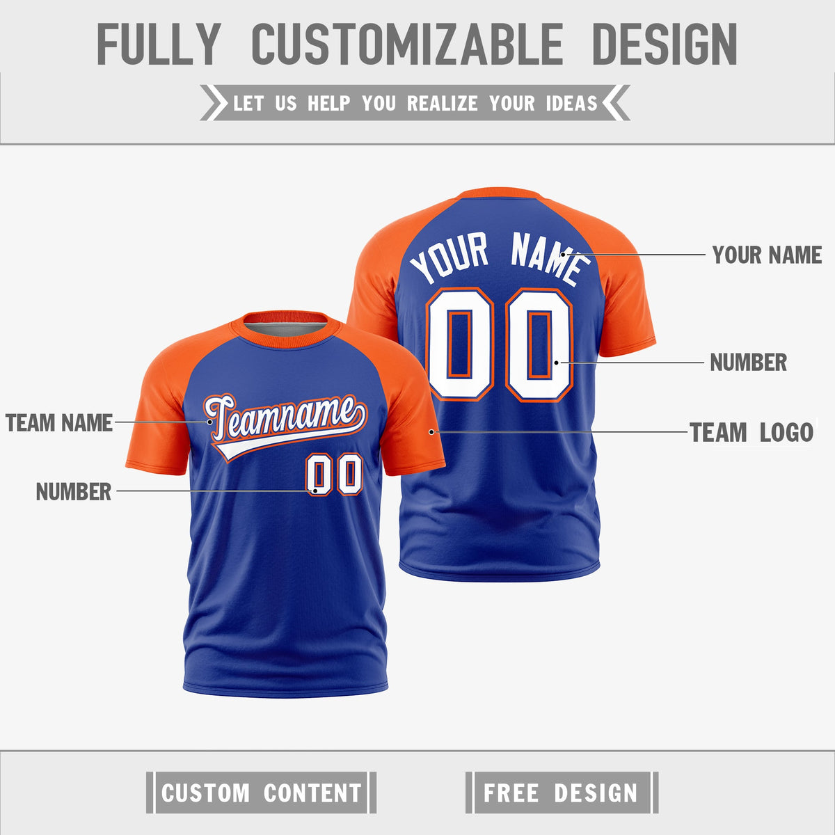 Custom Royal Blue Orange White Reversible Raglan Sleeves Moisture-Wicking T-shirt| KXKSHOP
