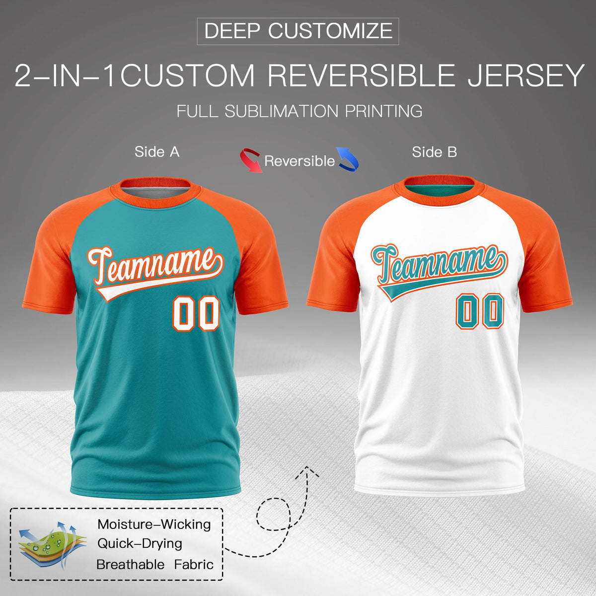 Custom Aqua Orange White Reversible Raglan Sleeves Quick Dry T-shirt| KXKSHOP