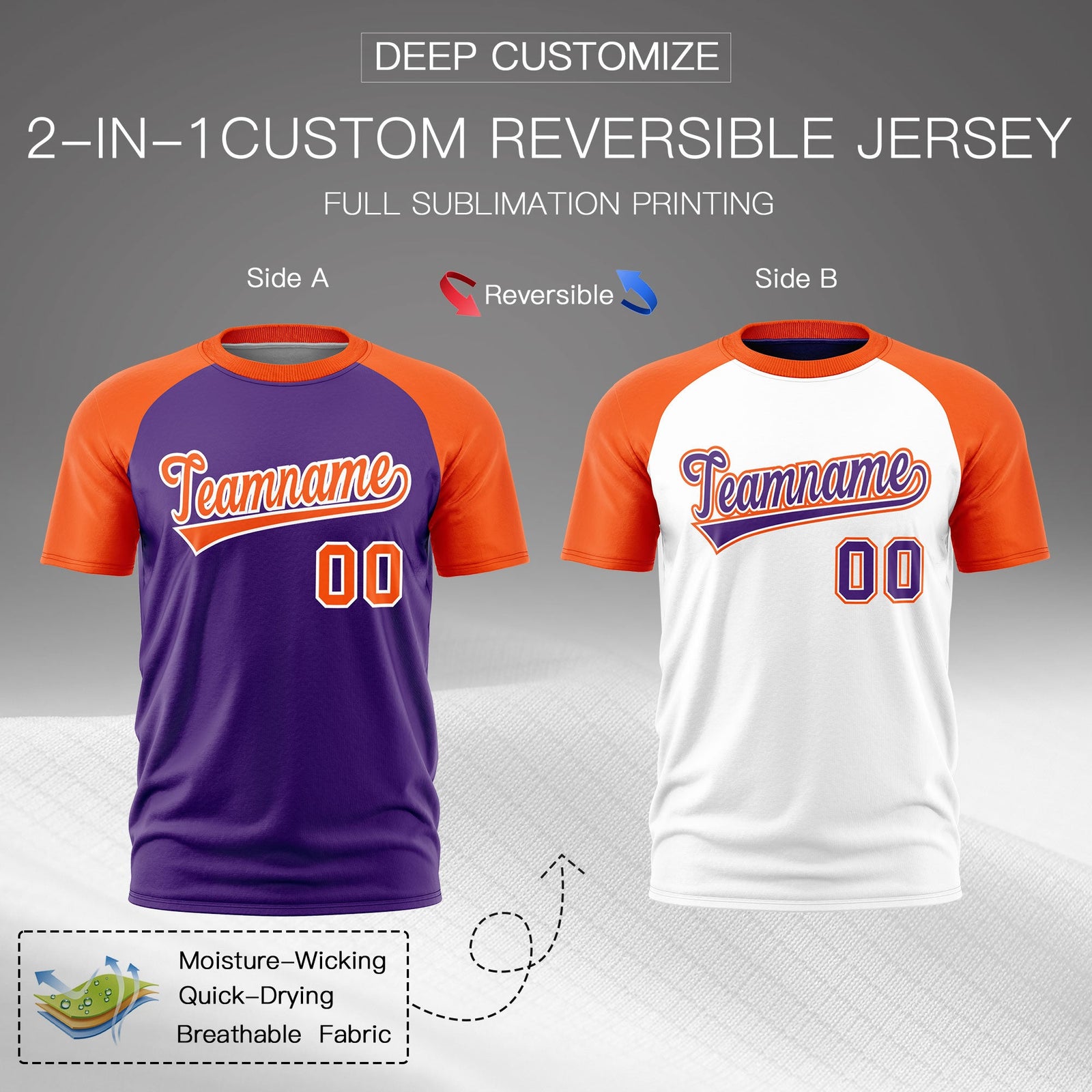 Custom Purple Orange White Reversible Raglan Sleeves Moisture-Wicking T-shirt| KXKSHOP