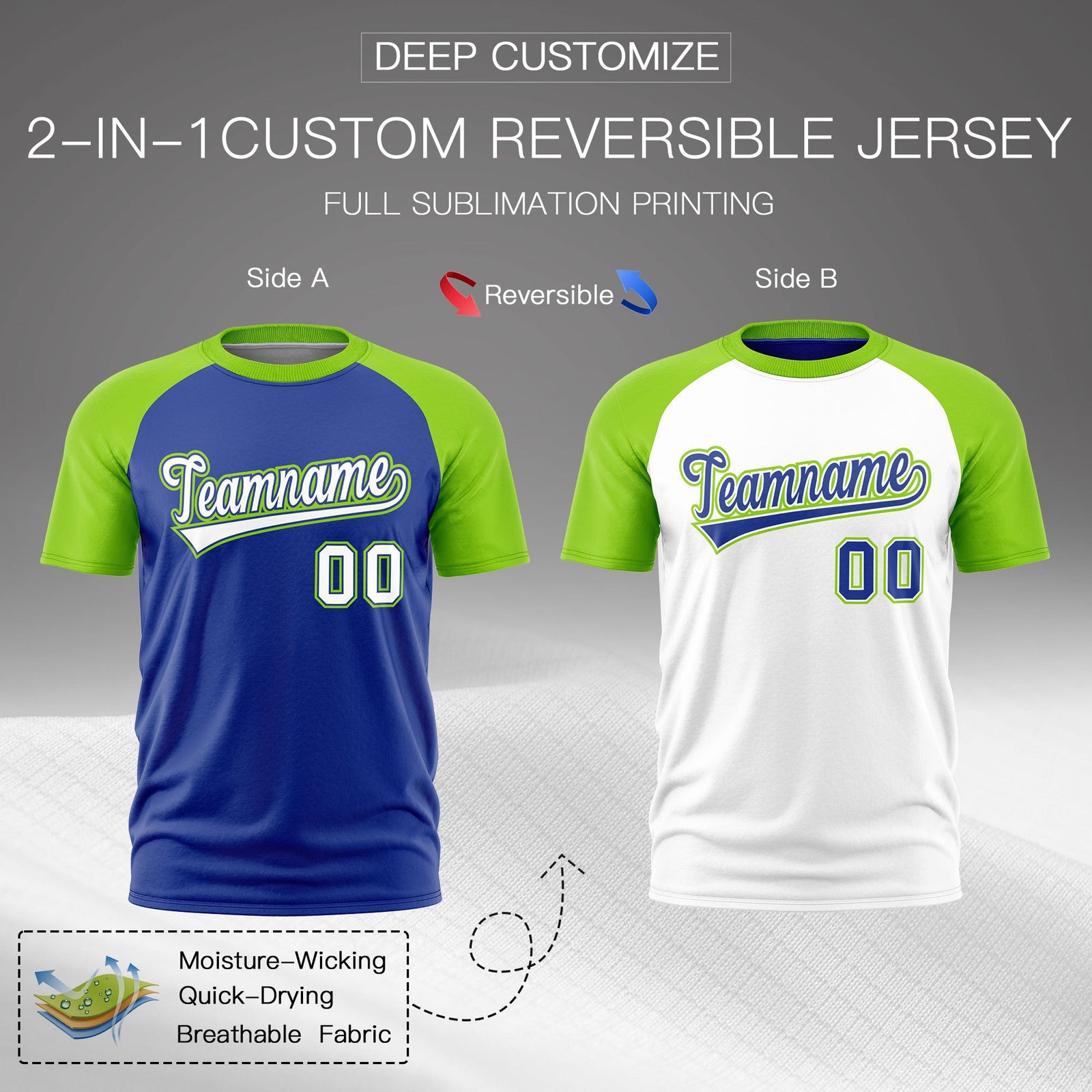 Custom Royal Blue Neon Green White Reversible Raglan Sleeves Moisture-Wicking T-shirt| KXKSHOP