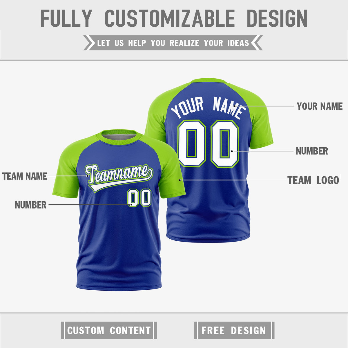 Custom Royal Blue Neon Green White Reversible Raglan Sleeves Moisture-Wicking T-shirt| KXKSHOP