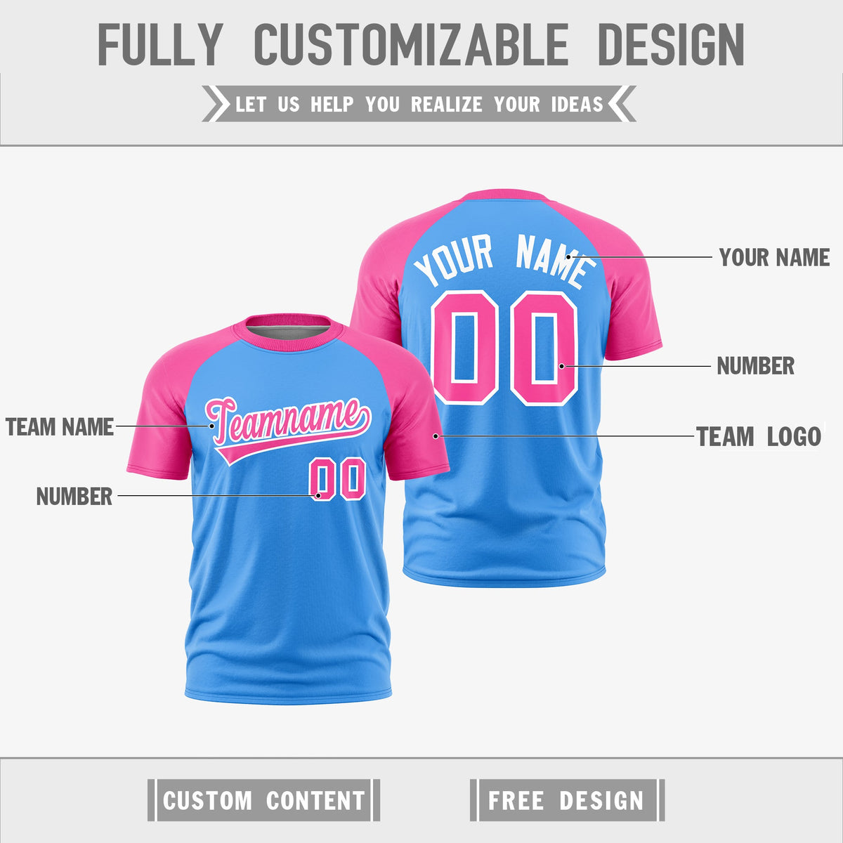 Custom Powder Blue Pink White Reversible Raglan Sleeves Quick Dry T-shirt| KXKSHOP