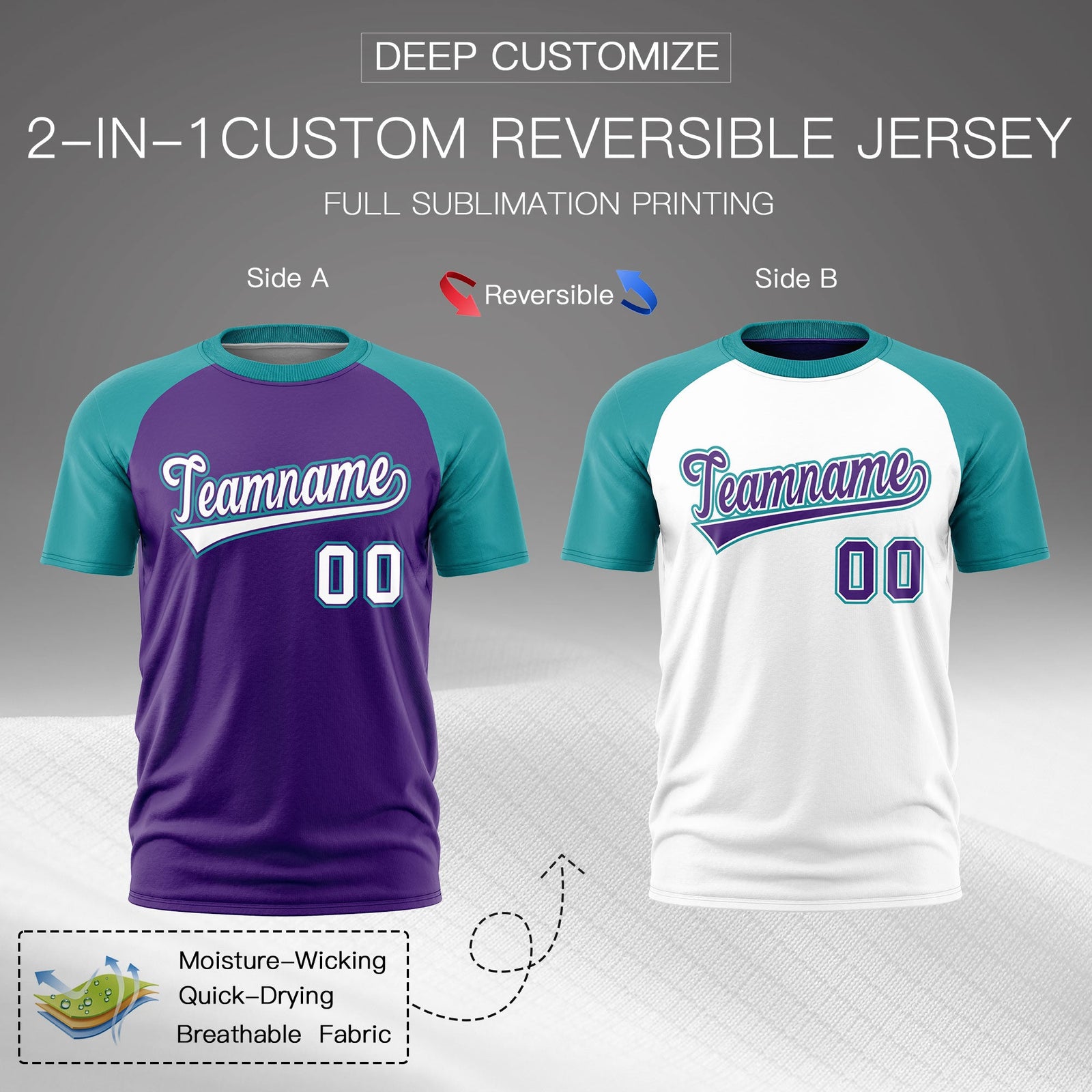 Custom Purple Teal White Reversible Raglan Sleeves Quick Dry T-shirt| KXKSHOP