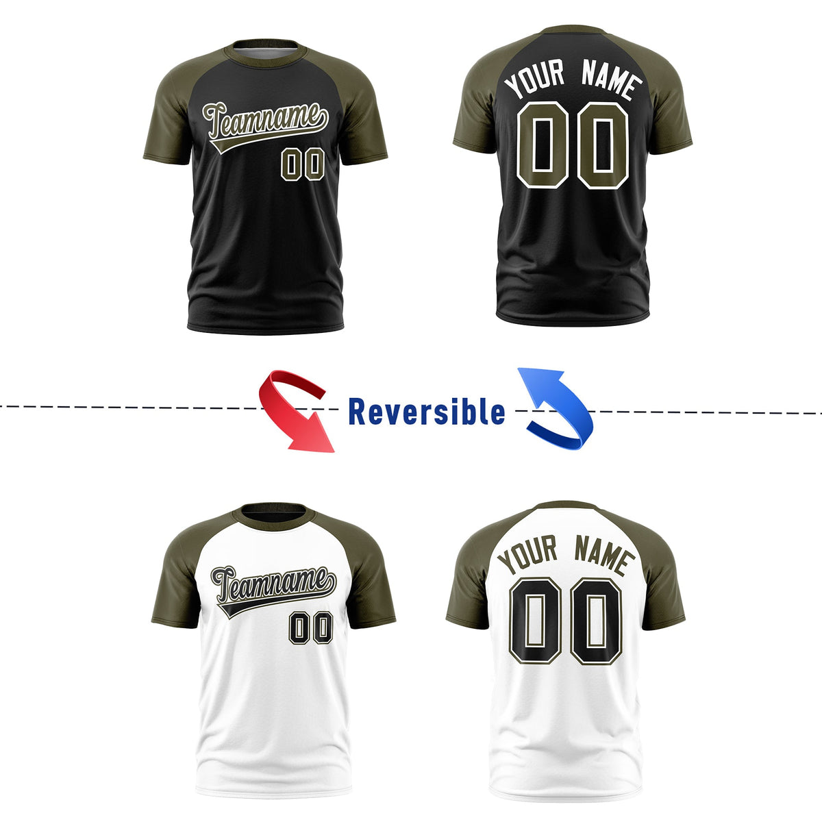 Custom Black Olive White Reversible Raglan Sleeves Quick Dry T-shirt| KXKSHOP