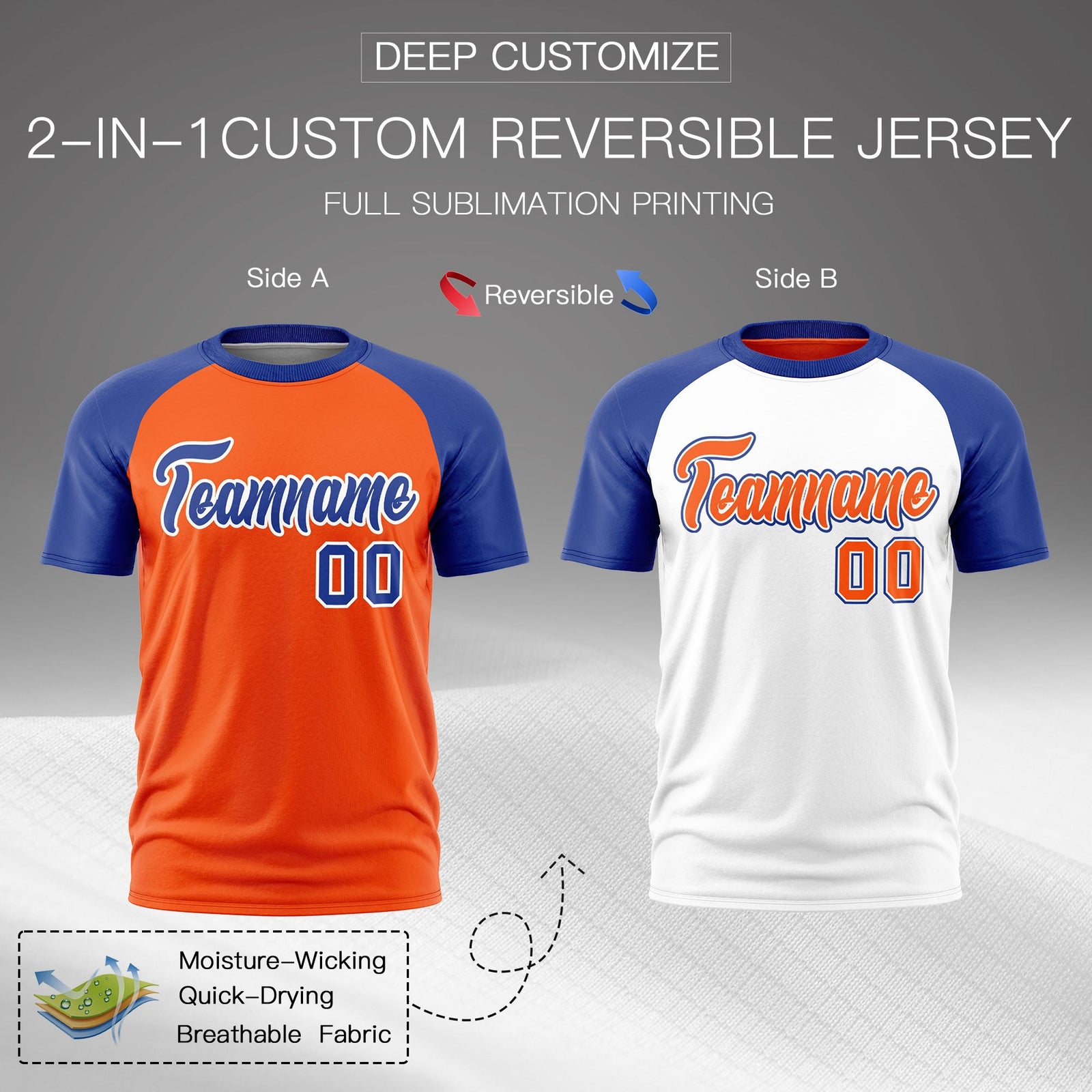 Custom Orange Royal Blue White Reversible Raglan Sleeves Quick Dry T-shirt| KXKSHOP