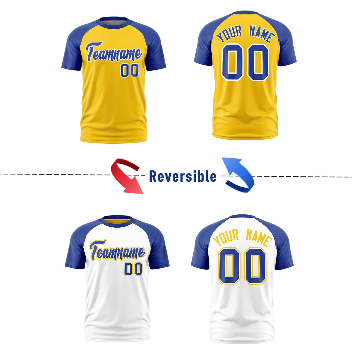 Custom Gold Royal Blue White Reversible Raglan Sleeves Moisture-Wicking T-shirt| KXKSHOP