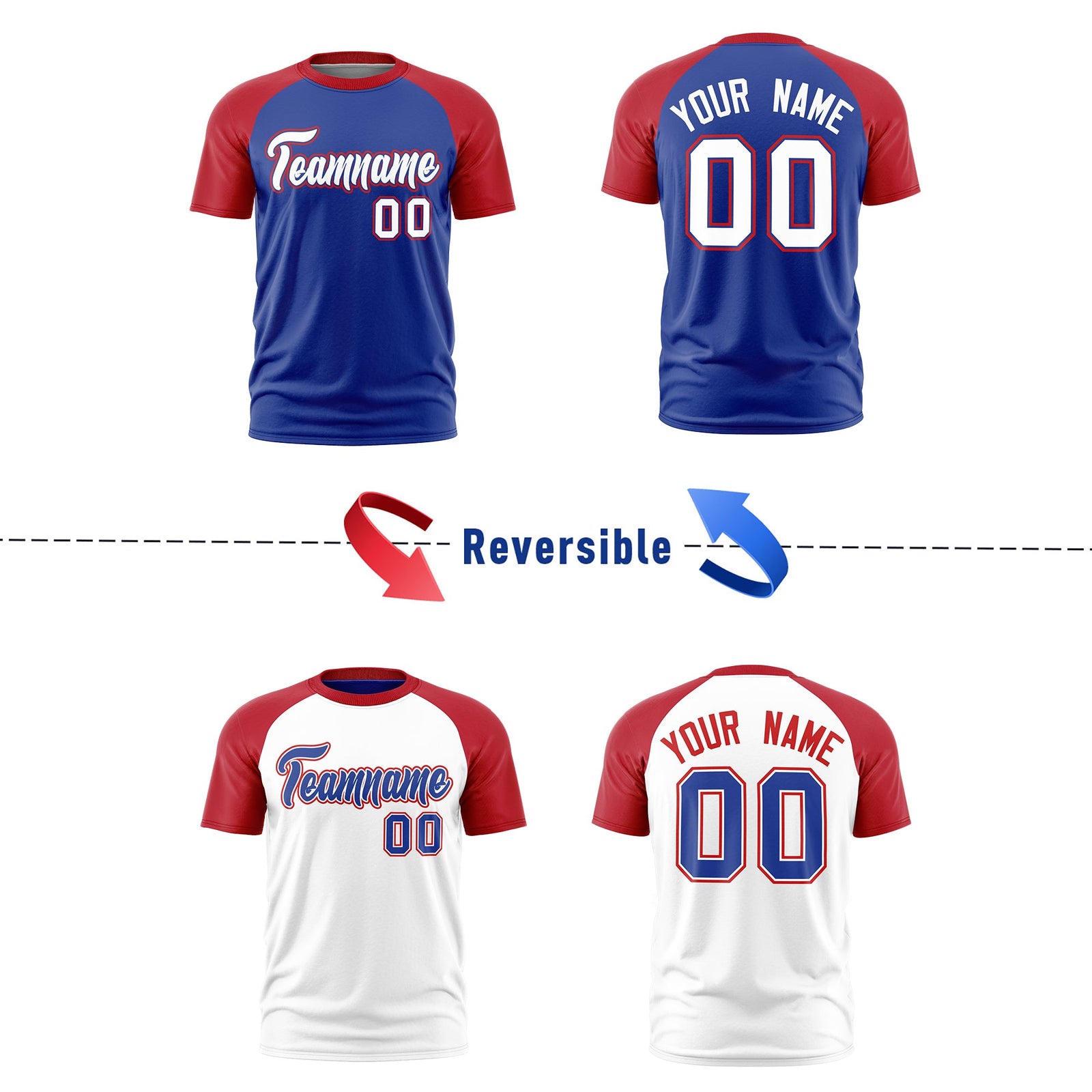 Custom Royal Blue Red White Reversible Raglan Sleeves Quick Dry T-shirt| KXKSHOP