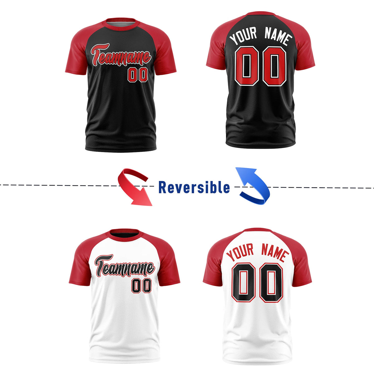 Custom Red Black White Reversible Raglan Sleeves Moisture-Wicking T-shirt| KXKSHOP