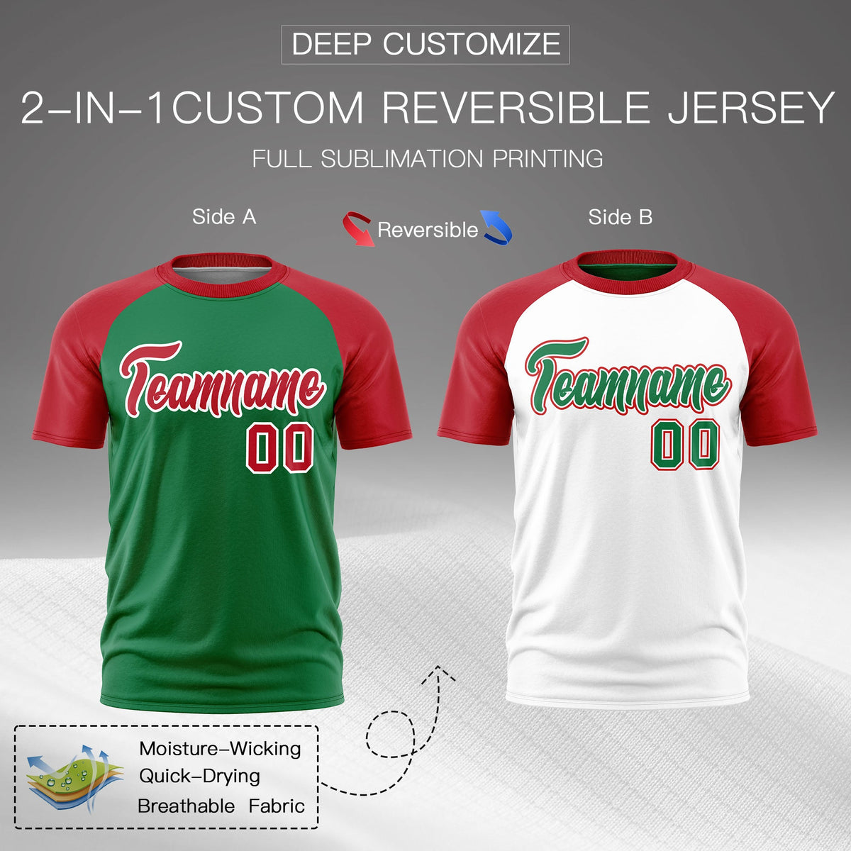 Custom Kelly Green Red White Reversible Raglan Sleeves Quick Dry T-shirt| KXKSHOP