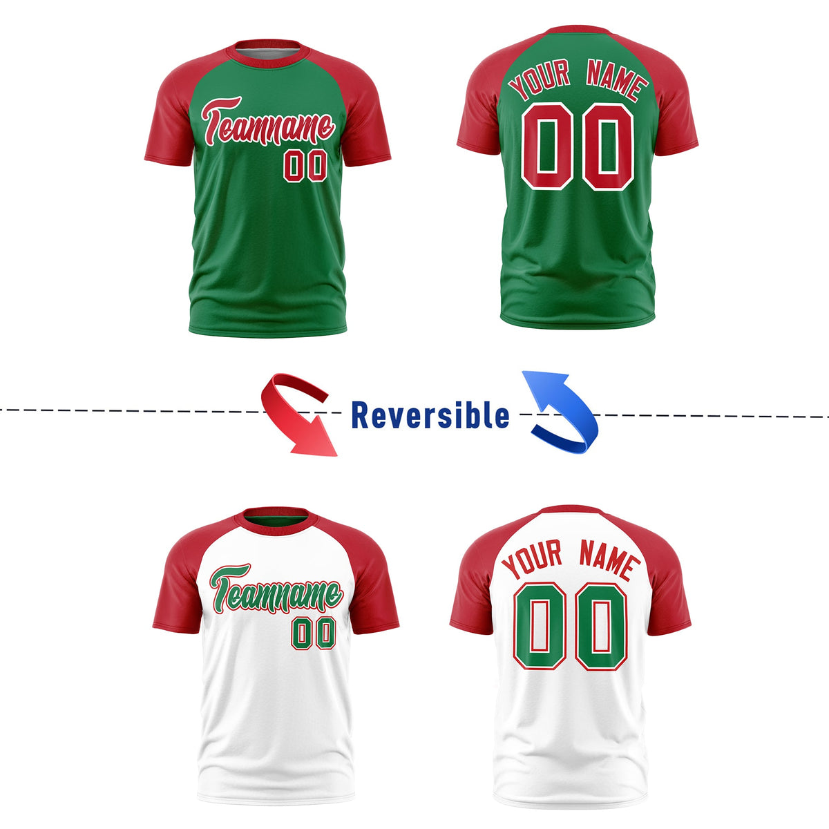 Custom Kelly Green Red White Reversible Raglan Sleeves Quick Dry T-shirt| KXKSHOP