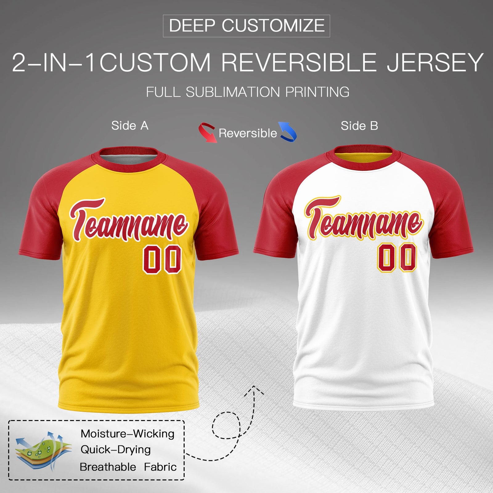 Custom Gold Red White Reversible Raglan Sleeves Moisture-Wicking T-shirt| KXKSHOP
