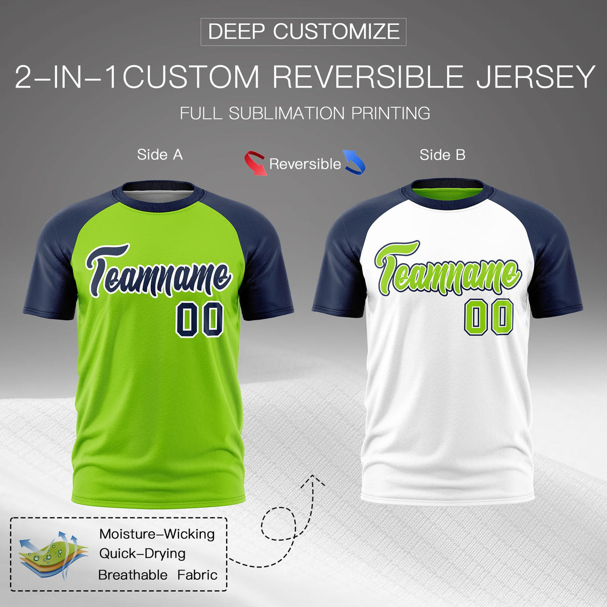 Custom Neon Green Navy White Reversible Raglan Sleeves Moisture-Wicking T-shirt| KXKSHOP