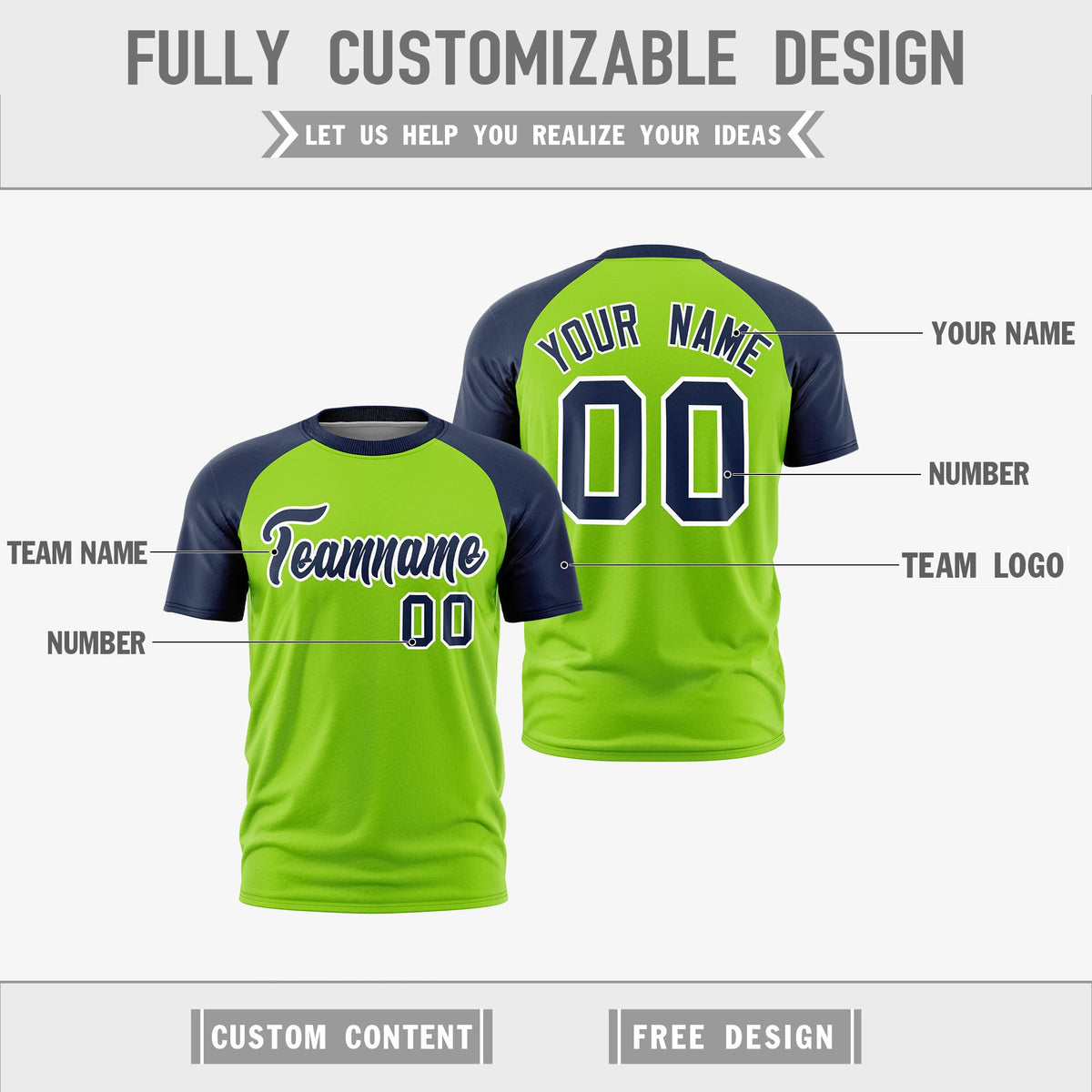 Custom Neon Green Navy White Reversible Raglan Sleeves Moisture-Wicking T-shirt| KXKSHOP