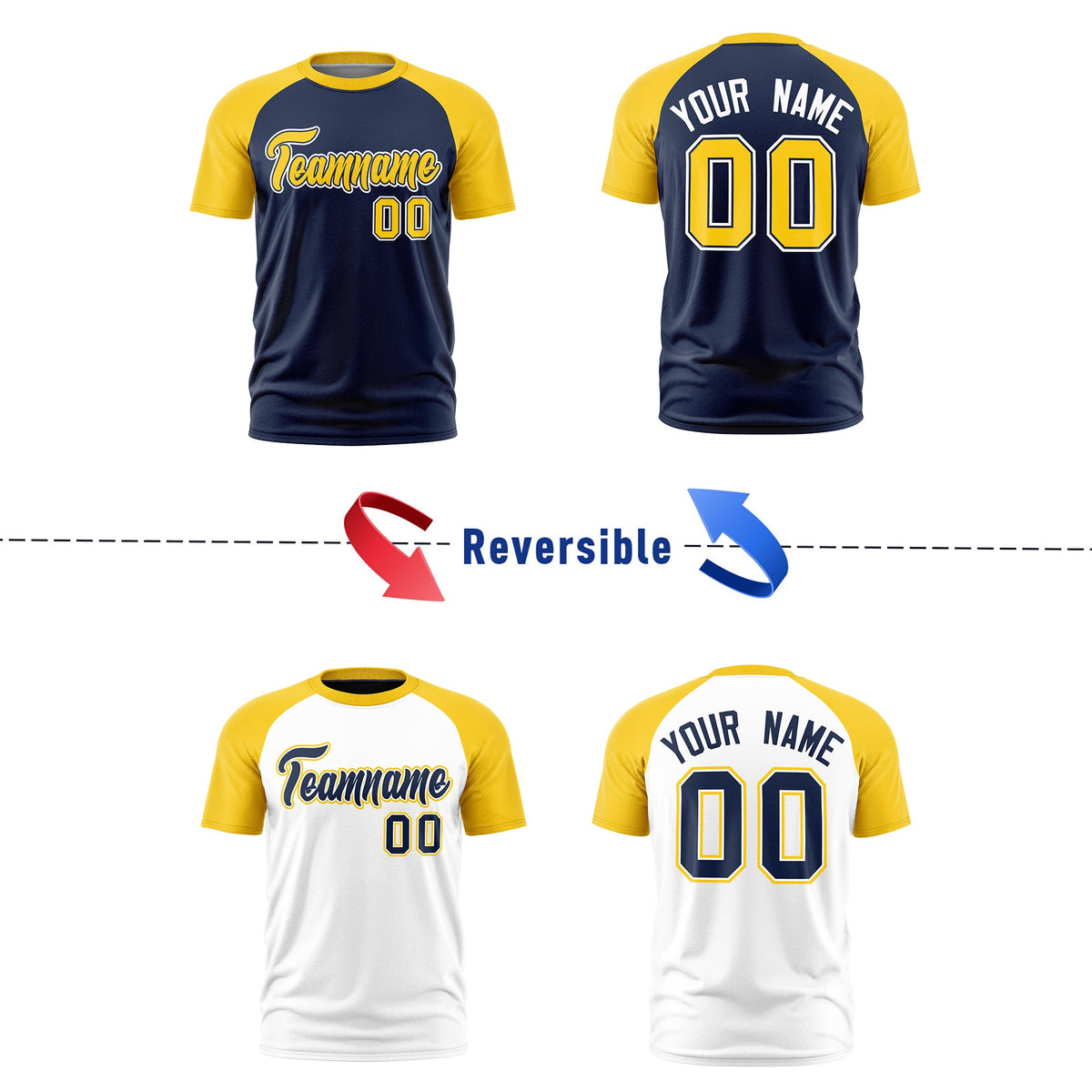 Custom Navy Gold White Reversible Raglan Sleeves Quick Dry T-shirt| KXKSHOP