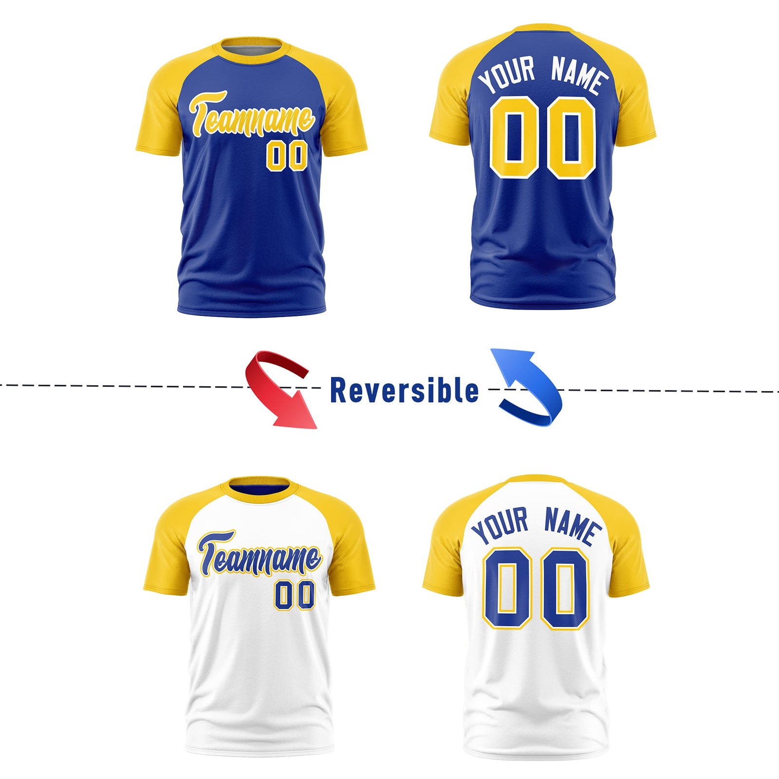 Custom Royal Blue Gold White Reversible Raglan Sleeves Quick Dry T-shirt| KXKSHOP