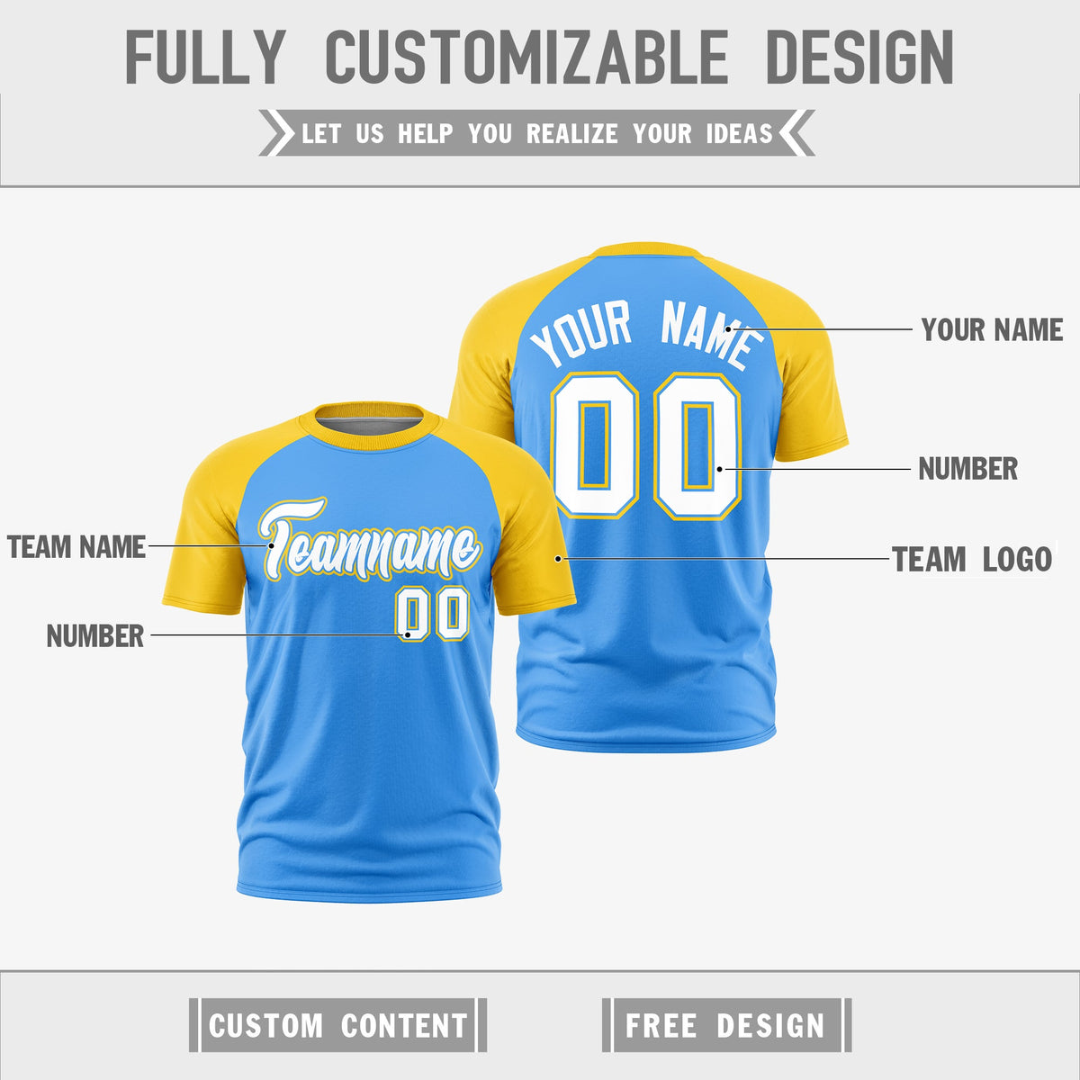 Custom Powder Blue Gold White Reversible Raglan Sleeves Moisture-Wicking T-shirt| KXKSHOP