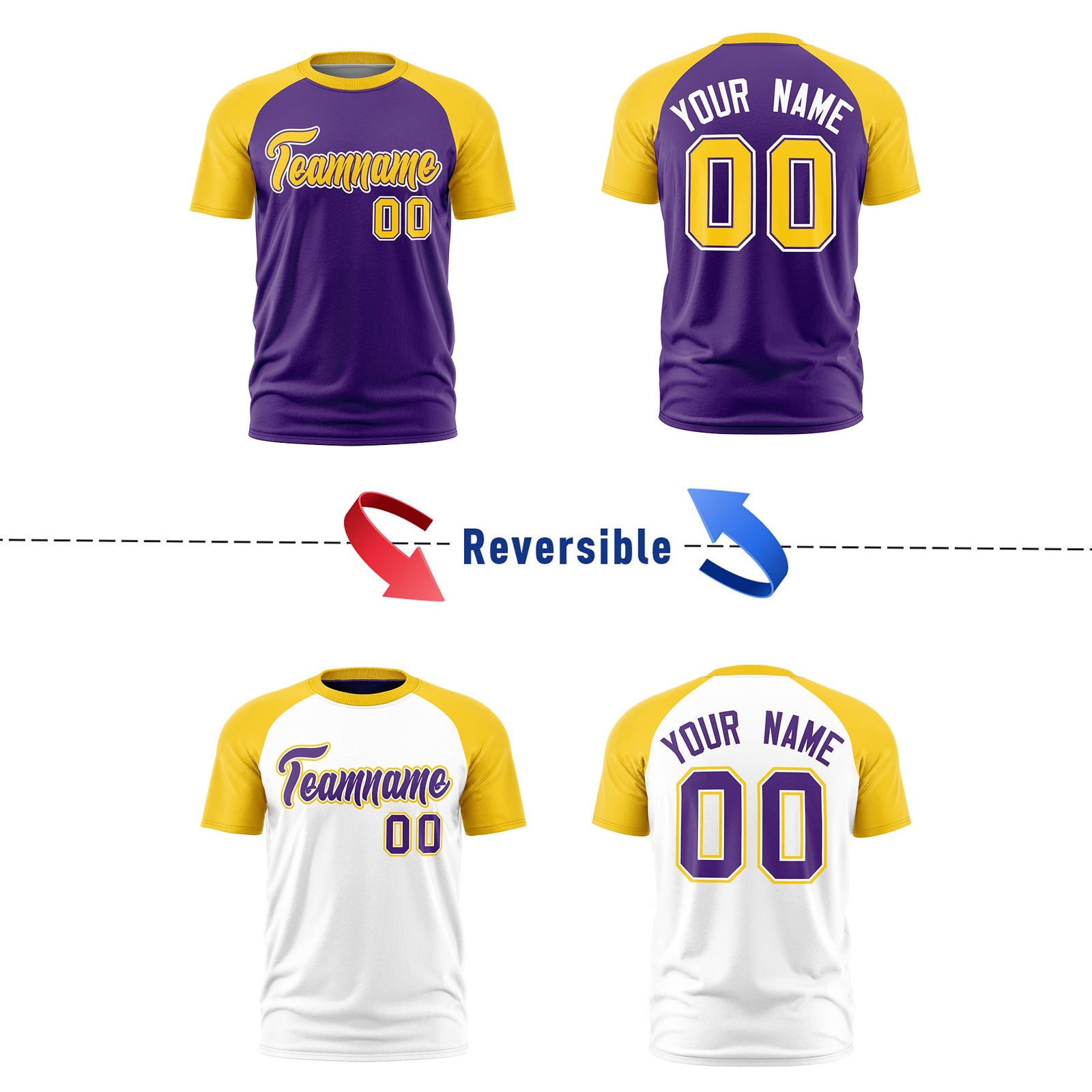 Custom Purple Gold White Reversible Raglan Sleeves Quick Dry T-shirt| KXKSHOP
