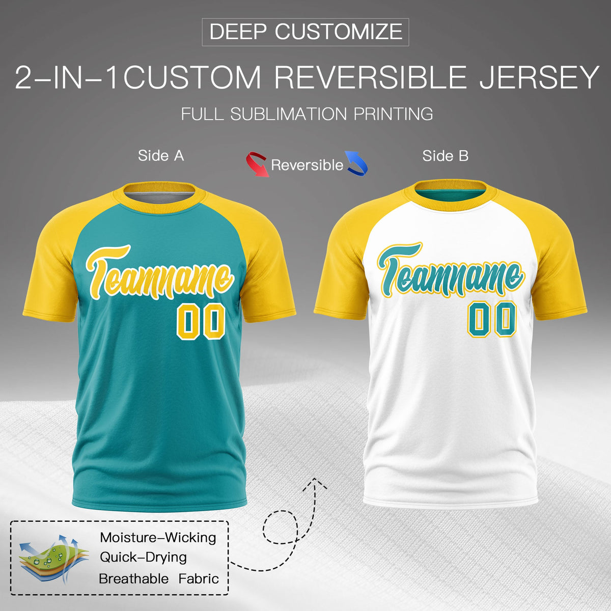 Custom Aqua Gold White Reversible Raglan Sleeves Moisture-Wicking T-shirt| KXKSHOP