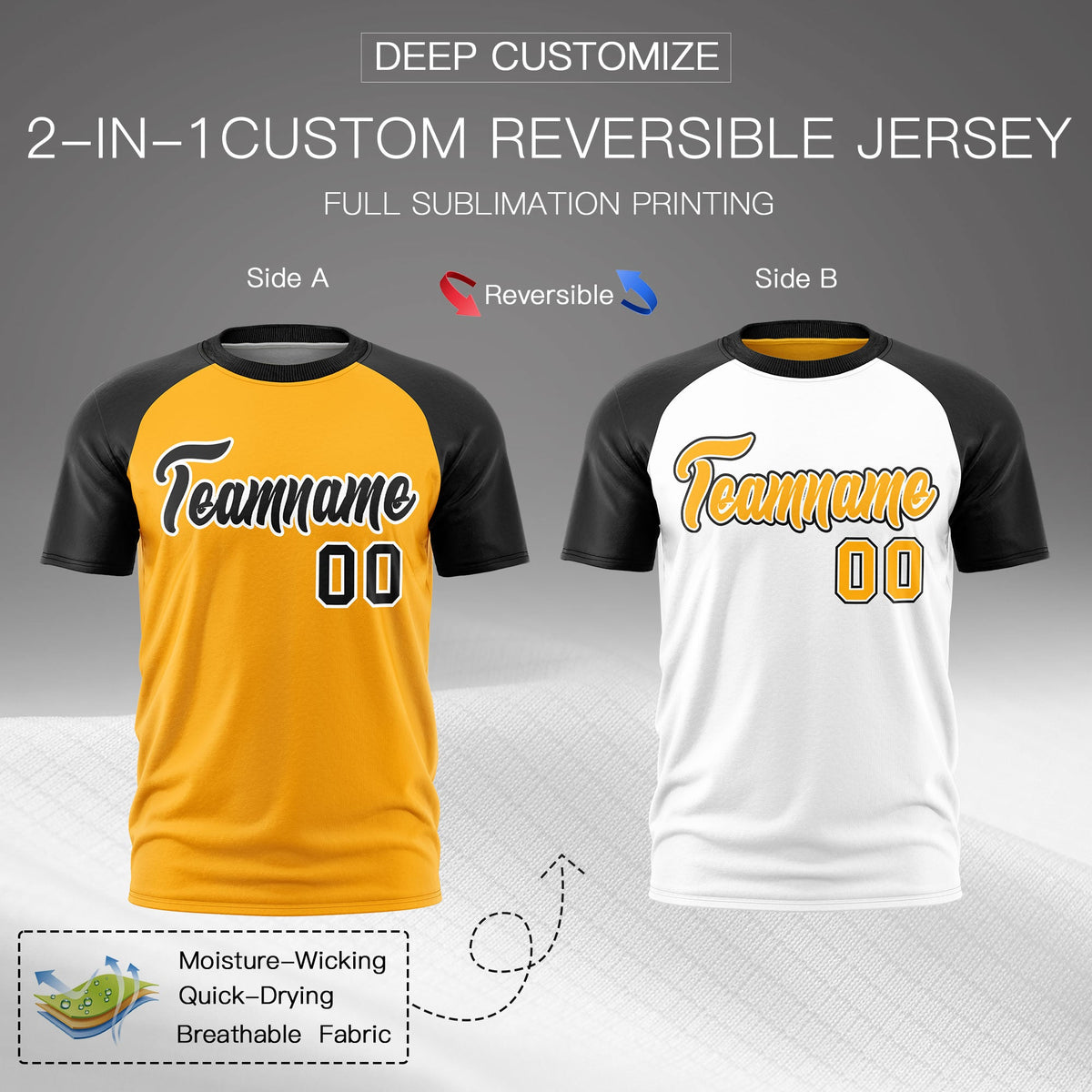 Custom Yellow Black White Reversible Raglan Sleeves Quick Dry T-shirt| KXKSHOP