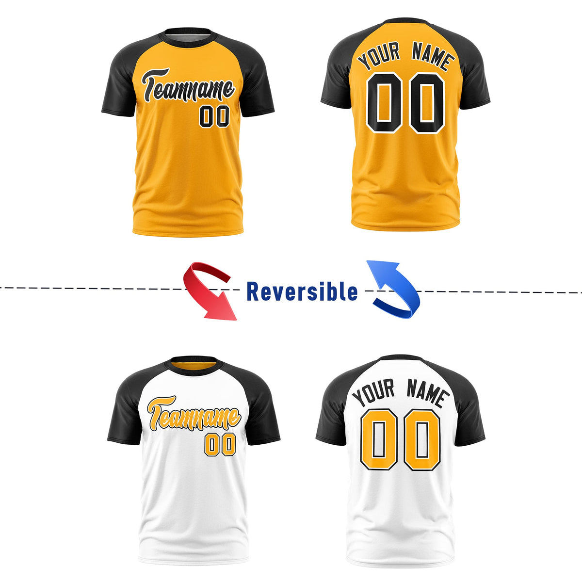 Custom Yellow Black White Reversible Raglan Sleeves Quick Dry T-shirt| KXKSHOP