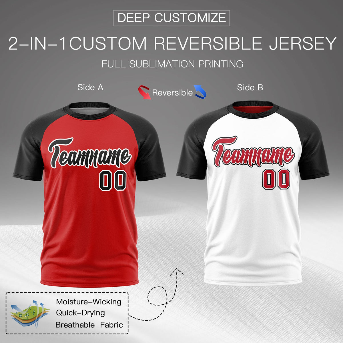 Custom Red Black White Reversible Raglan Sleeves Quick Dry T-shirt| KXKSHOP