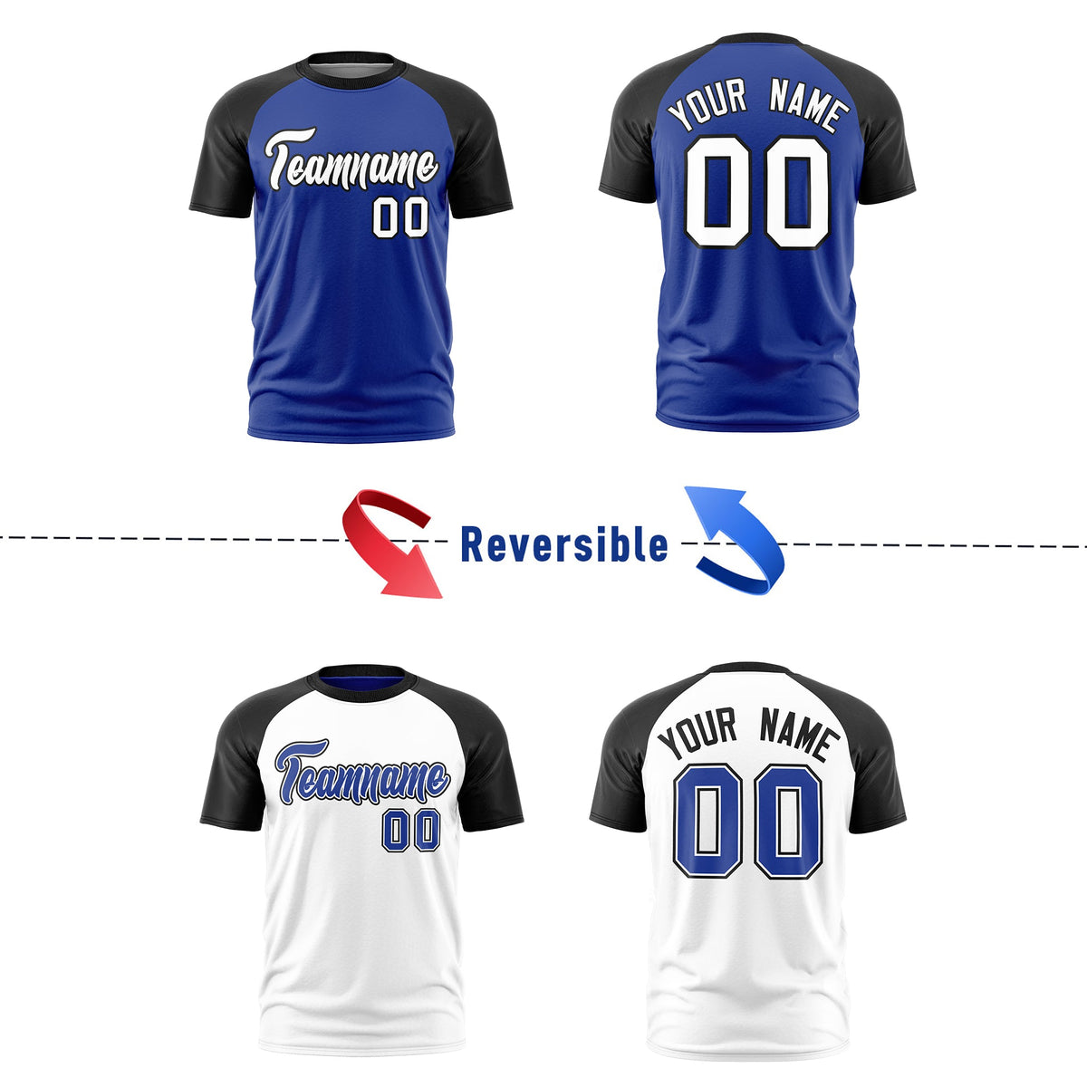 Custom Royal Blue Black White Reversible Raglan Sleeves Moisture-Wicking T-shirt| KXKSHOP
