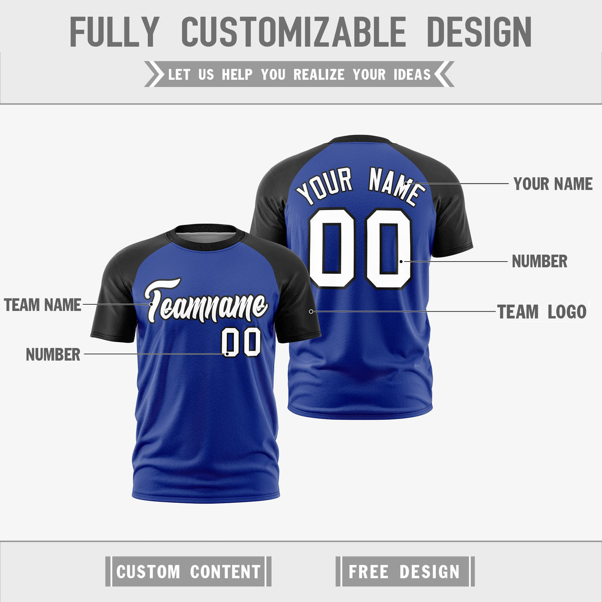 Custom Royal Blue Black White Reversible Raglan Sleeves Moisture-Wicking T-shirt| KXKSHOP