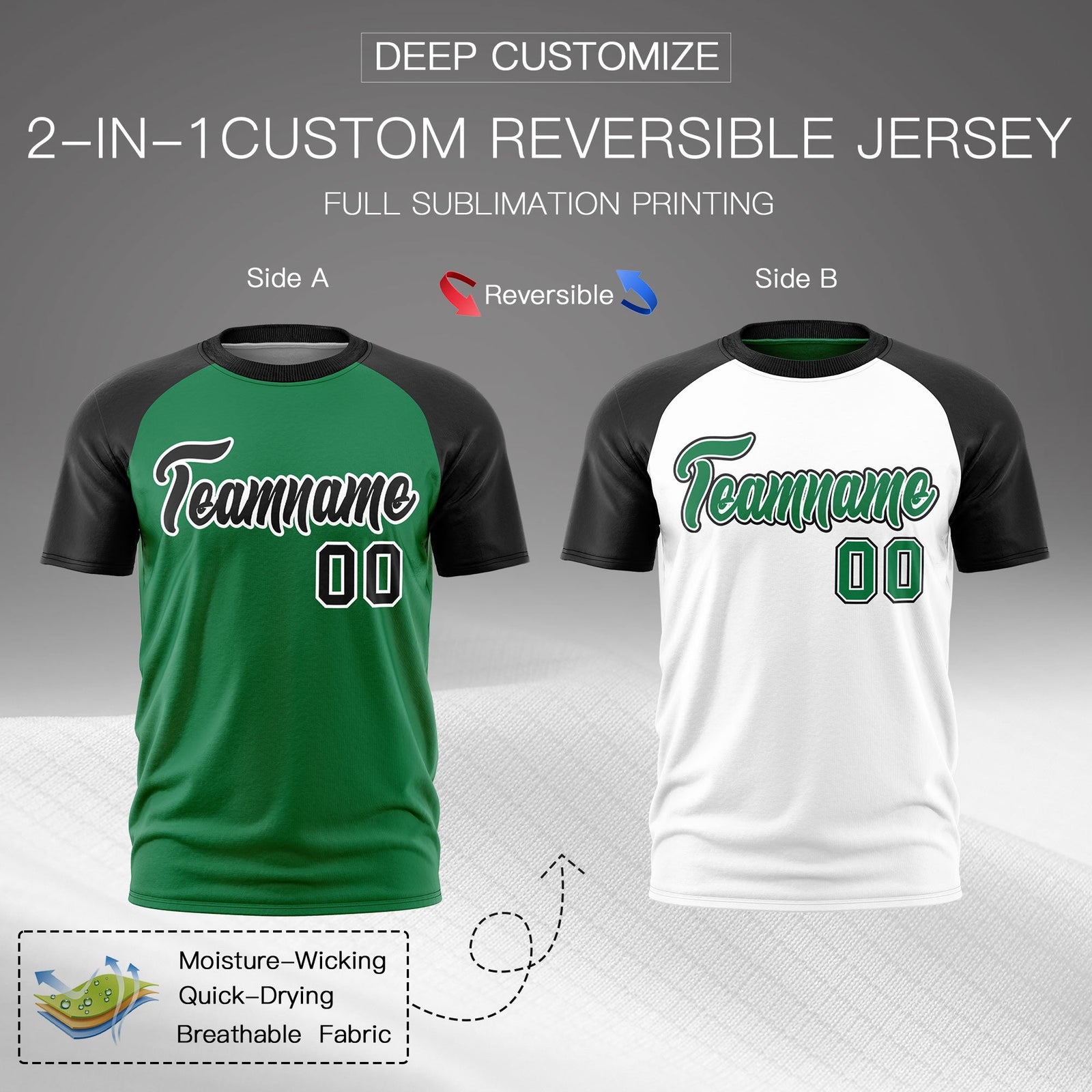Custom Kelly Green Black White Reversible Raglan Sleeves Quick Dry T-shirt| KXKSHOP