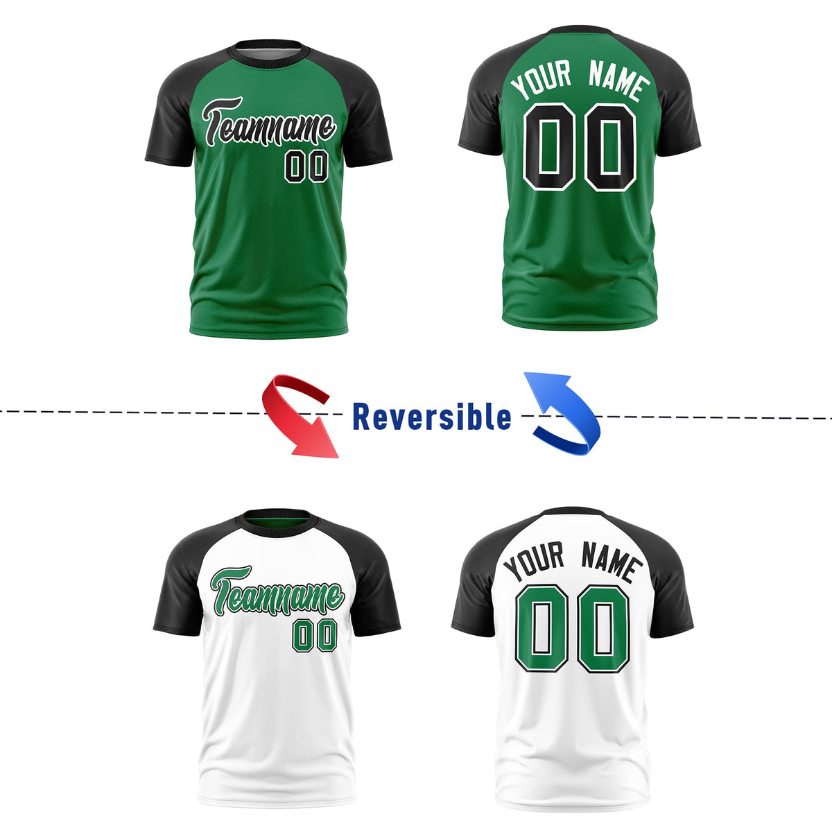 Custom Kelly Green Black White Reversible Raglan Sleeves Quick Dry T-shirt| KXKSHOP