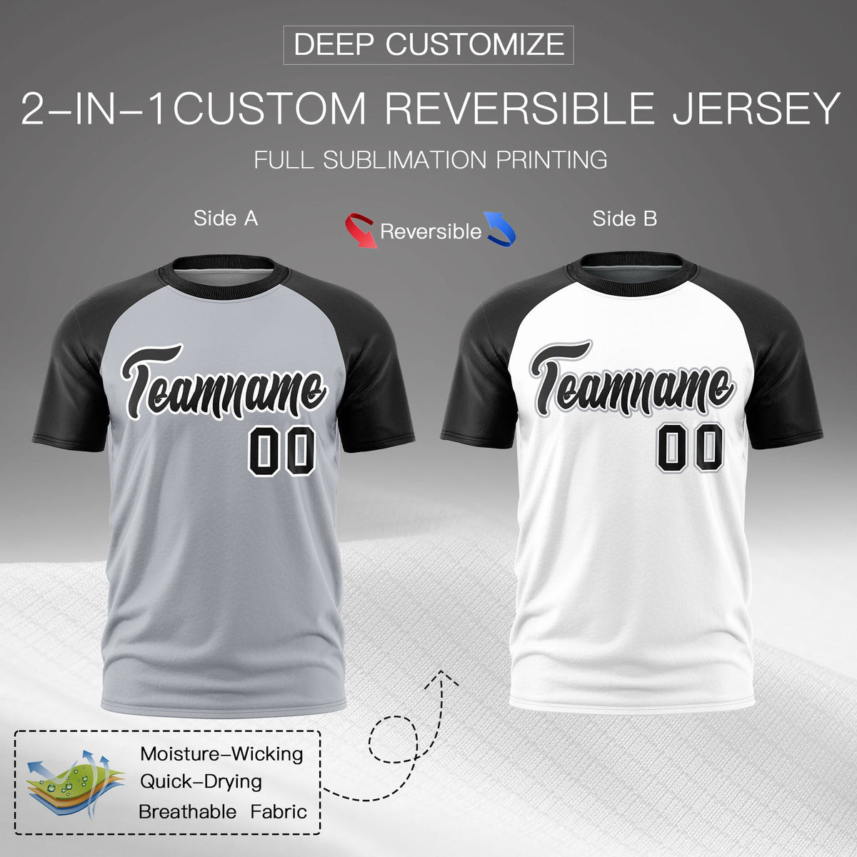 Custom Silver Black White Reversible Raglan Sleeves Quick Dry T-shirt| KXKSHOP