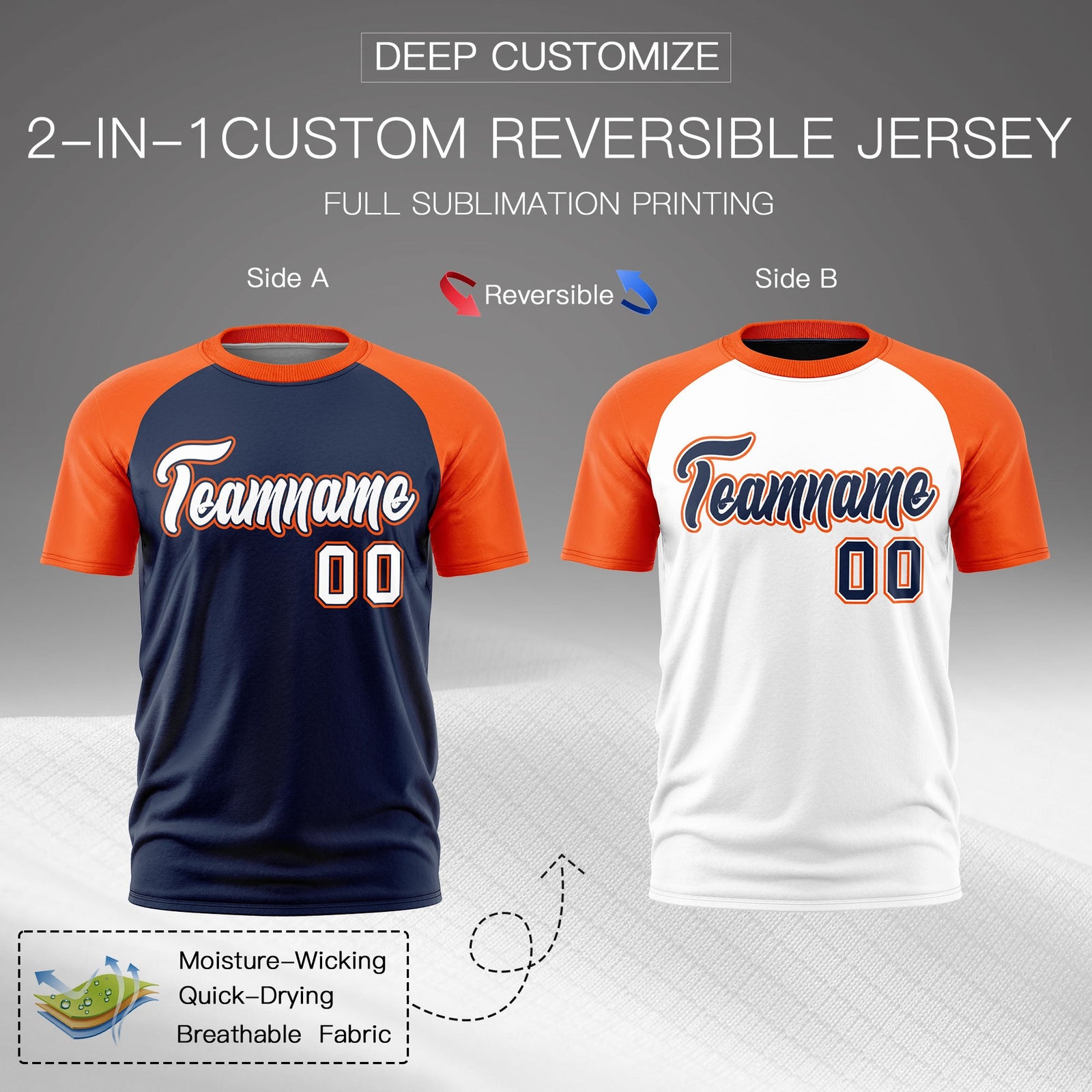 Custom Navy Orange White Reversible Raglan Sleeves Moisture-Wicking T-shirt| KXKSHOP