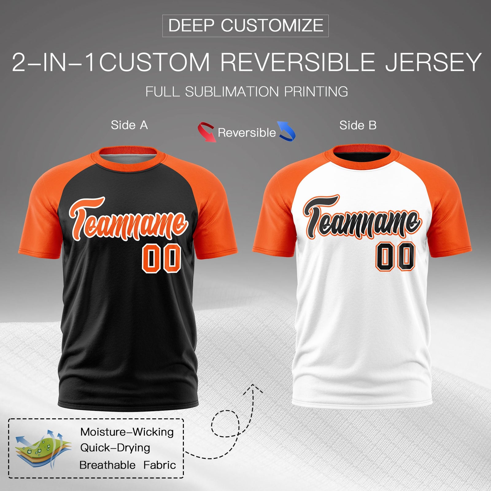 Custom Black Orange White Reversible Raglan Sleeves Quick Dry T-shirt| KXKSHOP
