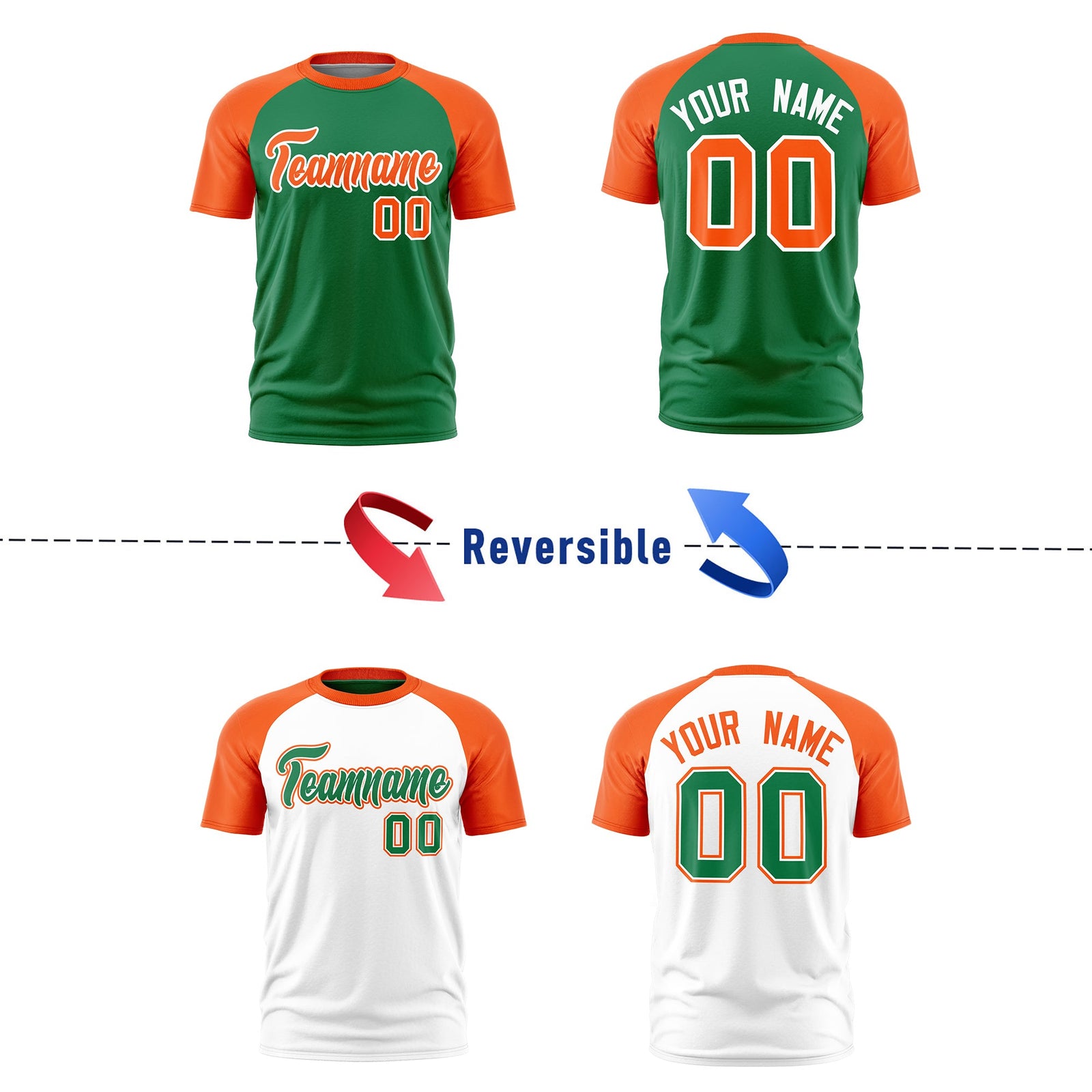 Custom Kelly Green Orange White Reversible Raglan Sleeves Quick Dry T-shirt| KXKSHOP