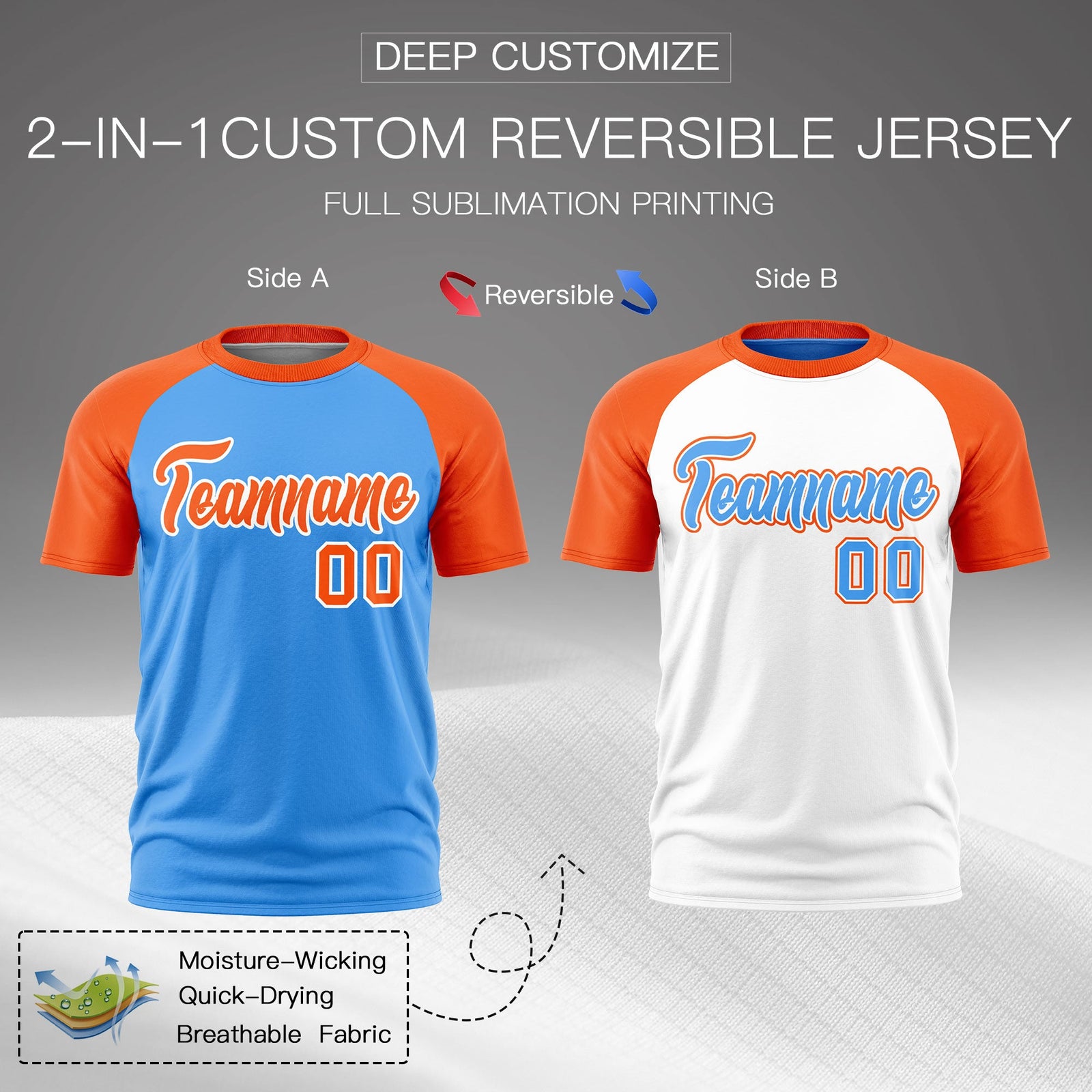 Custom Powder Blue Orange White Reversible Raglan Sleeves Moisture-Wicking T-shirt| KXKSHOP