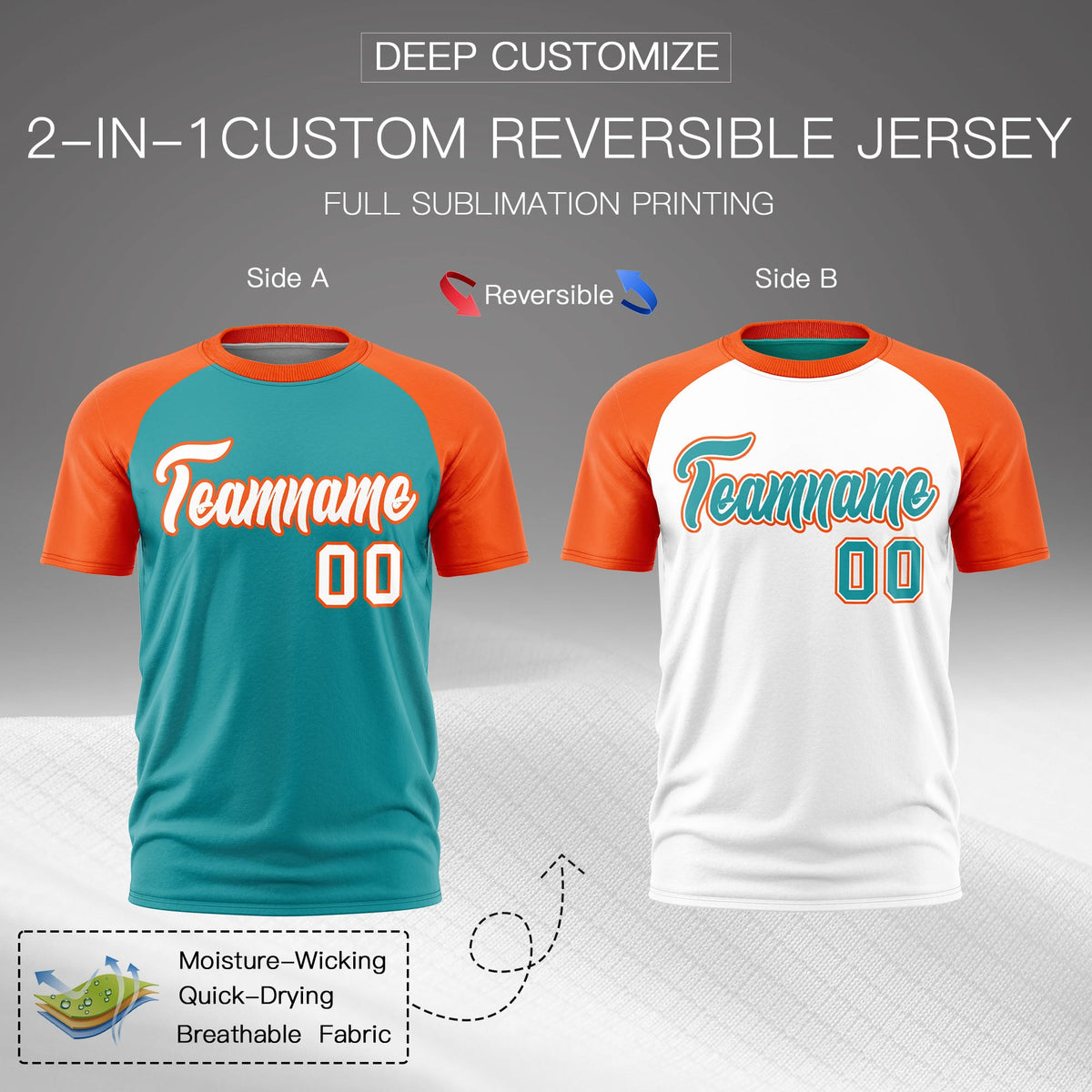 Custom Aqua Orange White Reversible Raglan Sleeves Quick Dry T-shirt| KXKSHOP