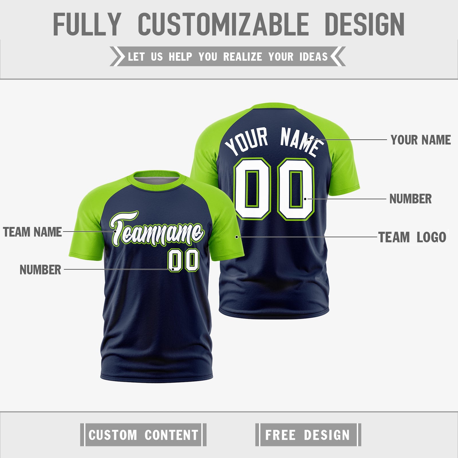 Custom Navy Neon Green White Reversible Raglan Sleeves Quick Dry T-shirt| KXKSHOP